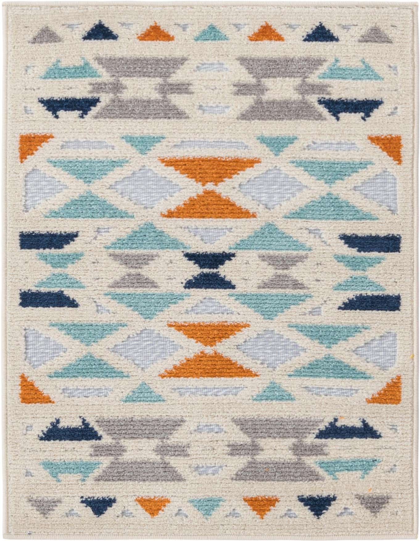 A 2x3 rectangular Rugs.com Aruba Outdoor rug featuring a tribal geometric pattern in gray, blue, teal, and orange on a cream background.