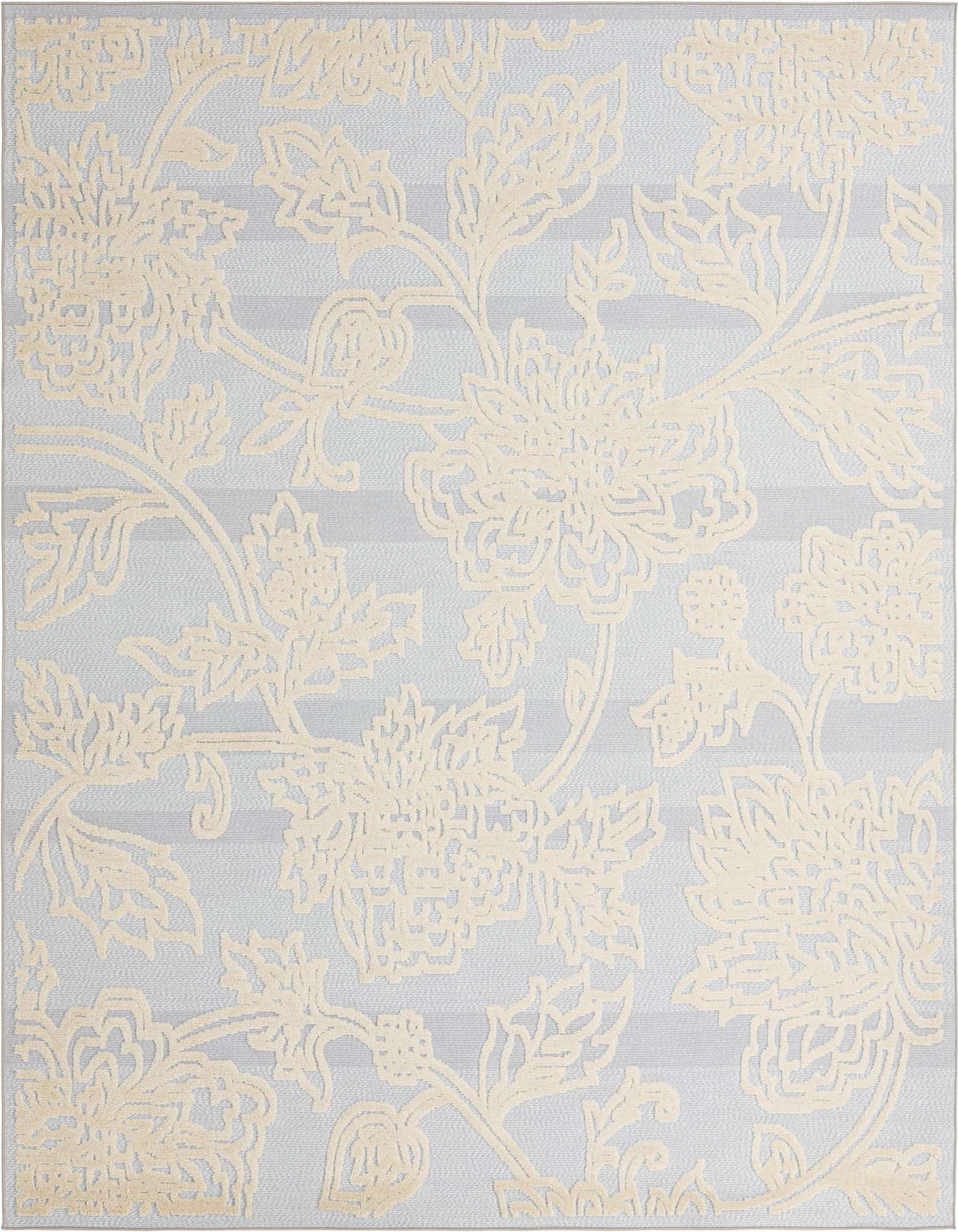A 9x12 rectangular gray and cream botanical rug featuring large floral outlines on a striped background, suitable for indoor or outdoor use.