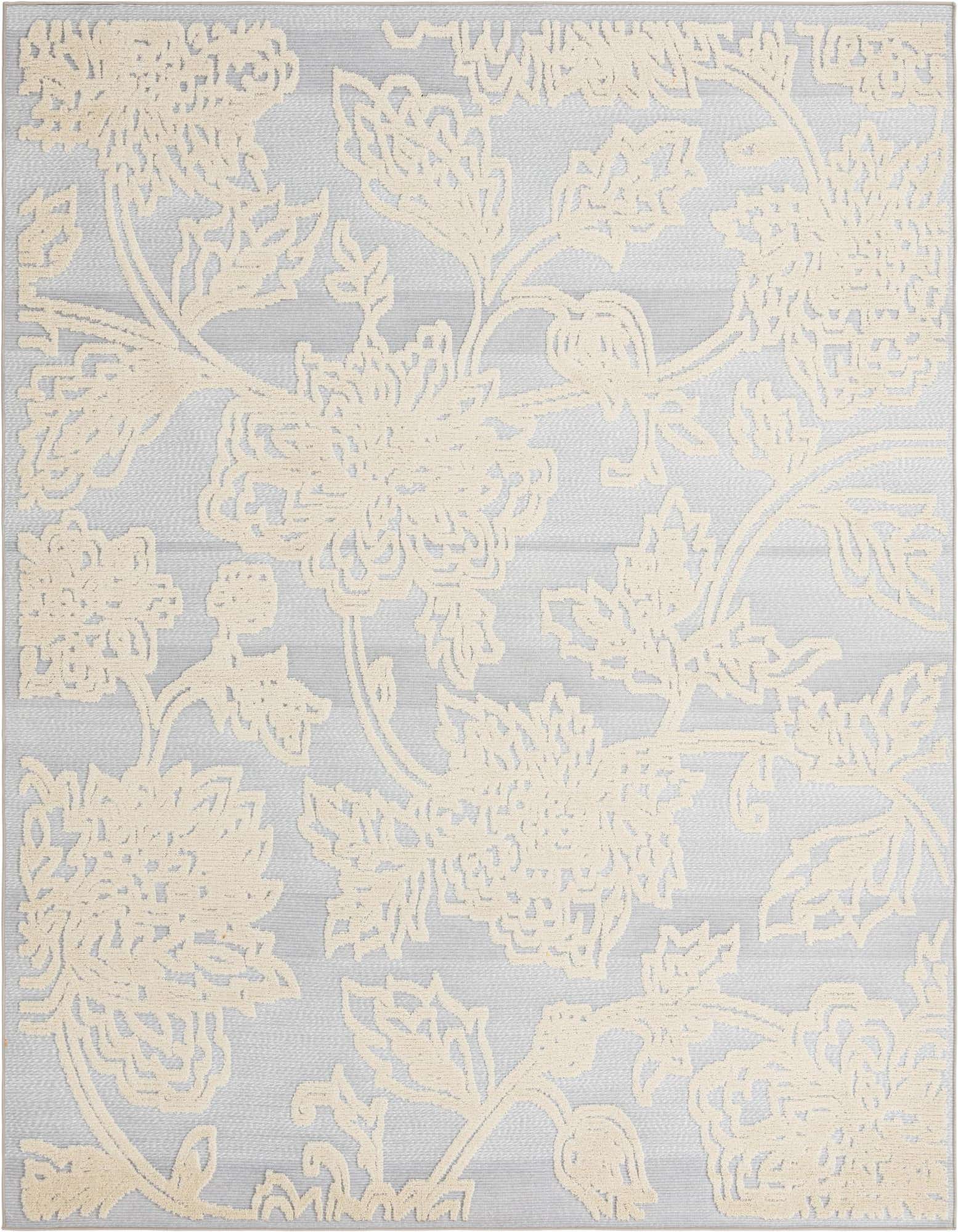 An 8x10 rectangular Aruba Outdoor rug featuring a modern botanical floral pattern in light gray and cream, suitable for indoor or outdoor spaces.