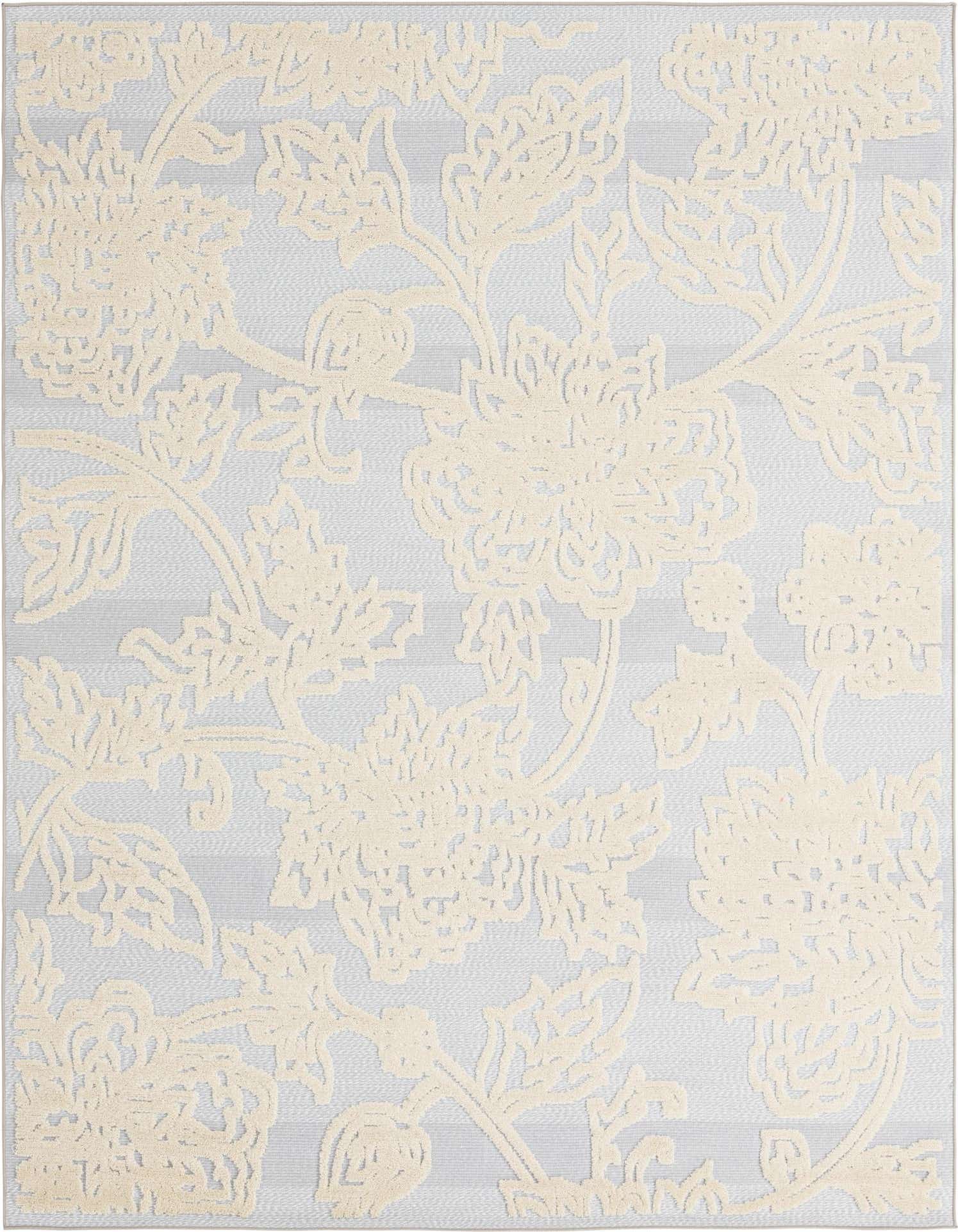 A 7x10 rectangular indoor/outdoor rug featuring a modern botanical floral pattern in light beige over a gray striped background.