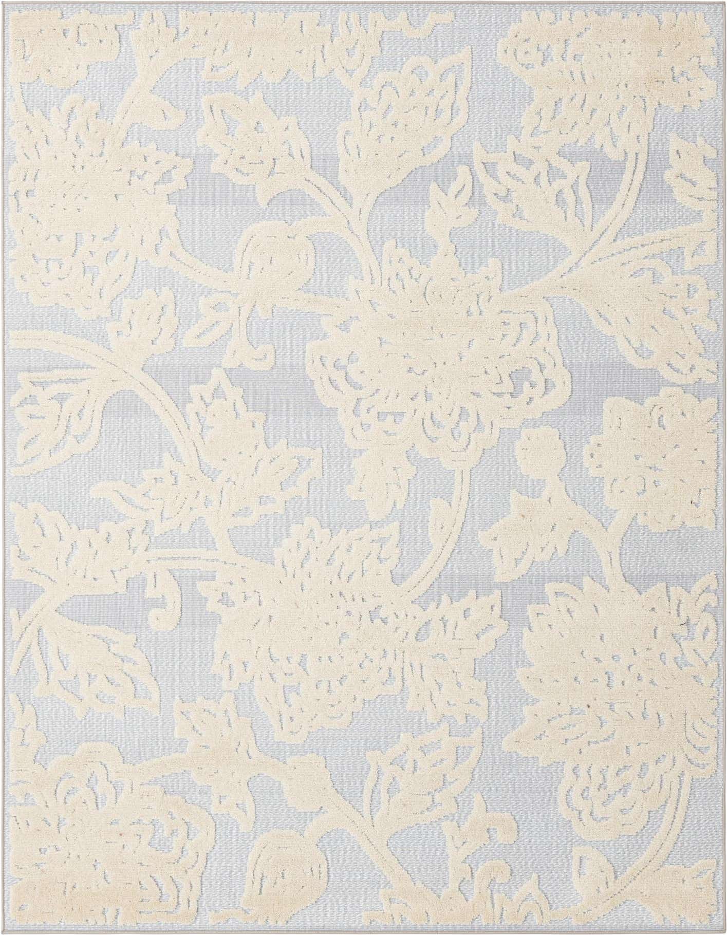 A 6x9 rectangular gray and cream botanical rug with a textured floral pattern, suitable for indoor or outdoor use.