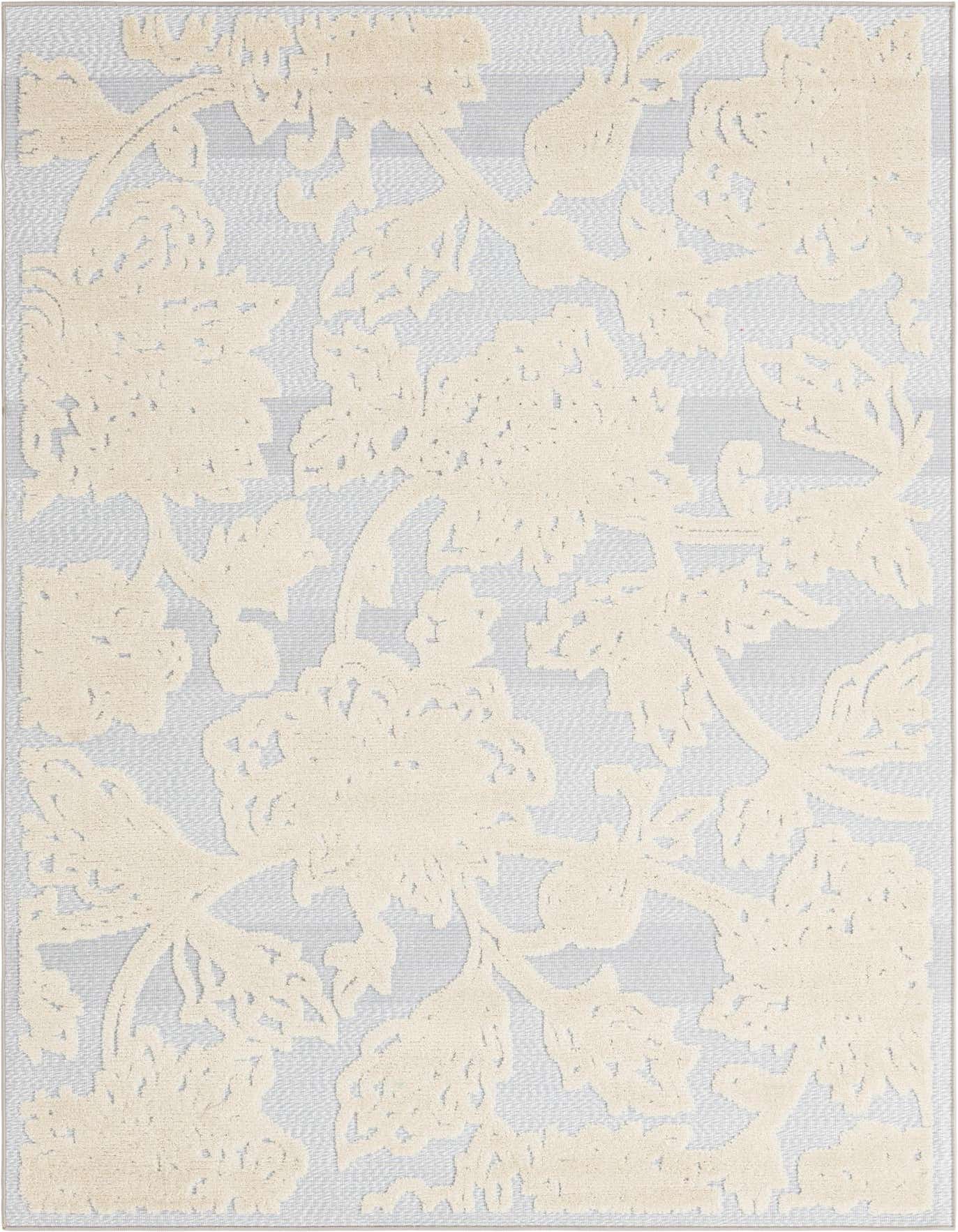 A 5x8 rectangular indoor/outdoor rug featuring a raised cream botanical pattern over a light gray textured background.