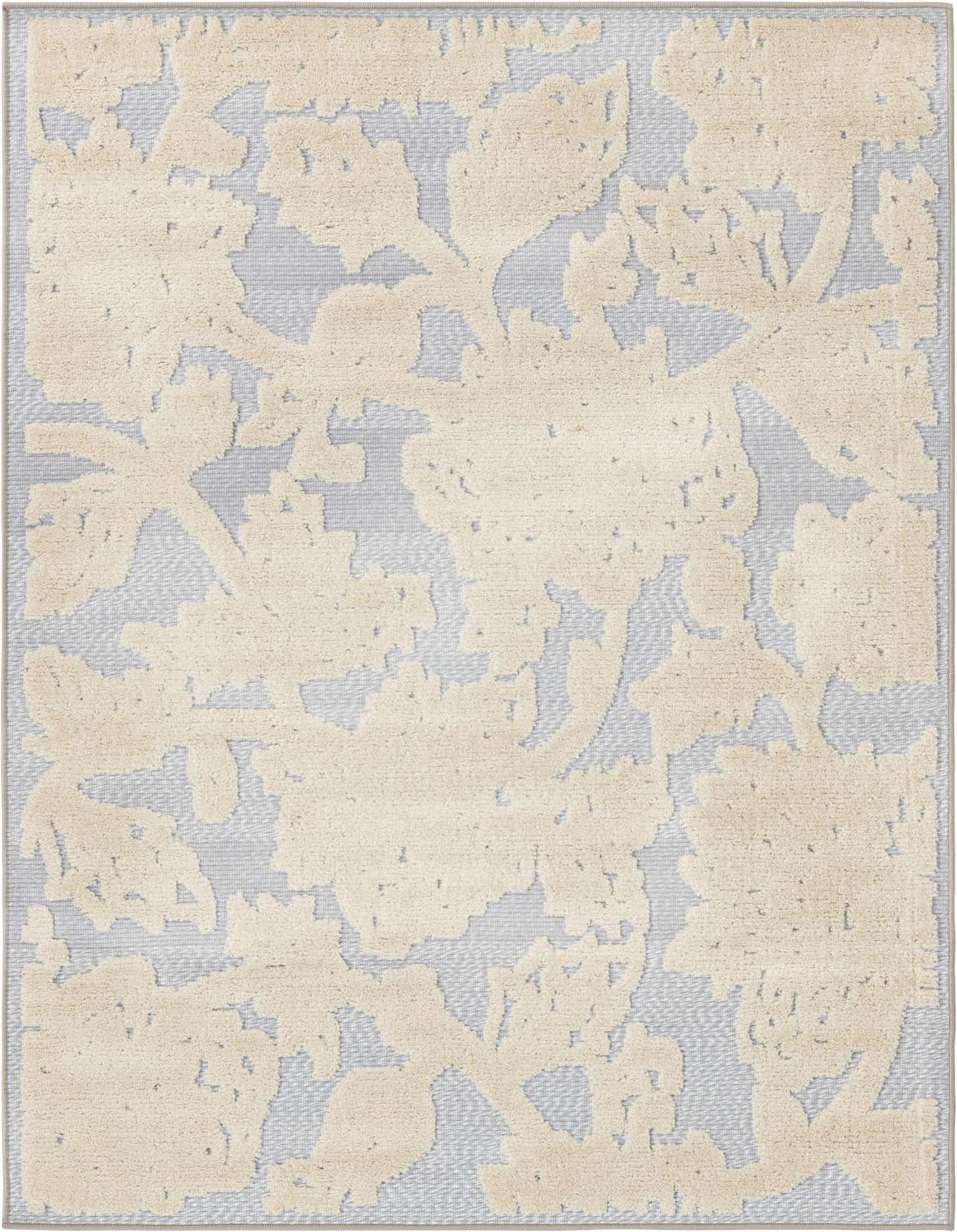 A 4x6 rectangular gray and beige botanical rug with a textured floral pattern, suitable for indoor or outdoor spaces.