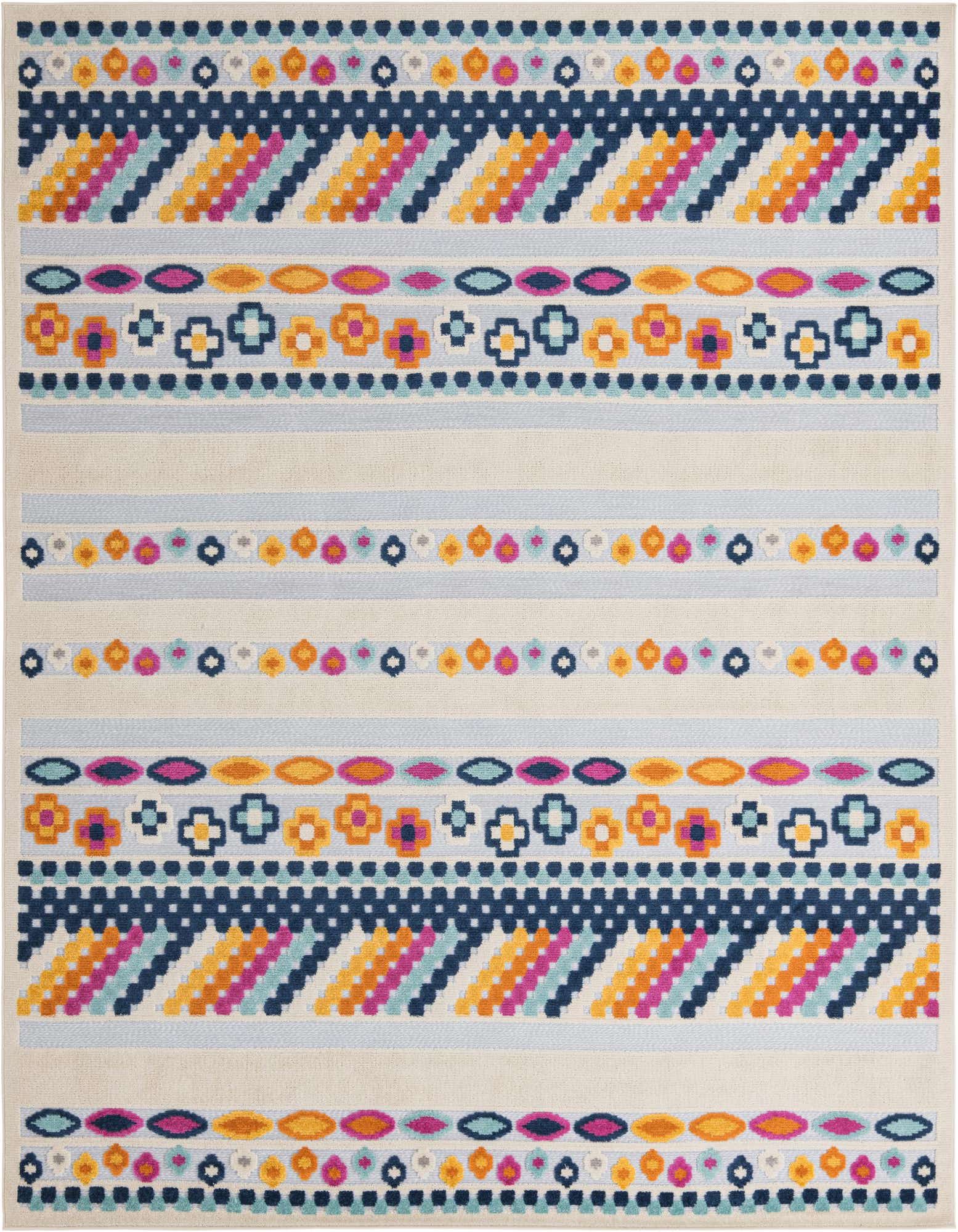 A 9x12 rectangular gray area rug with colorful bohemian stripes, featuring tribal patterns in blue, orange, pink, and teal.