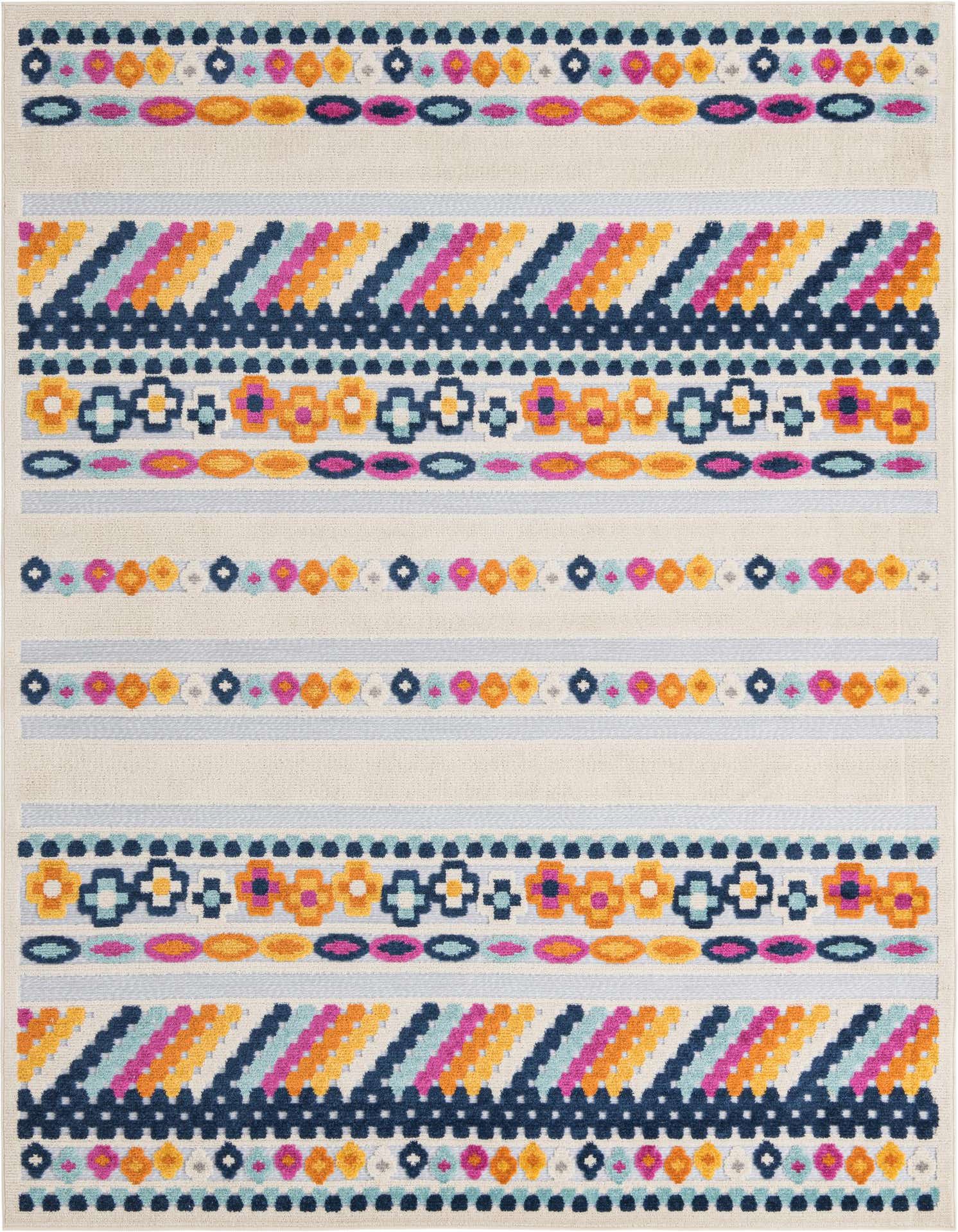 A 7x10 rectangular Aruba Outdoor rug featuring colorful bohemian stripes on a gray background, ideal for a living room or patio.