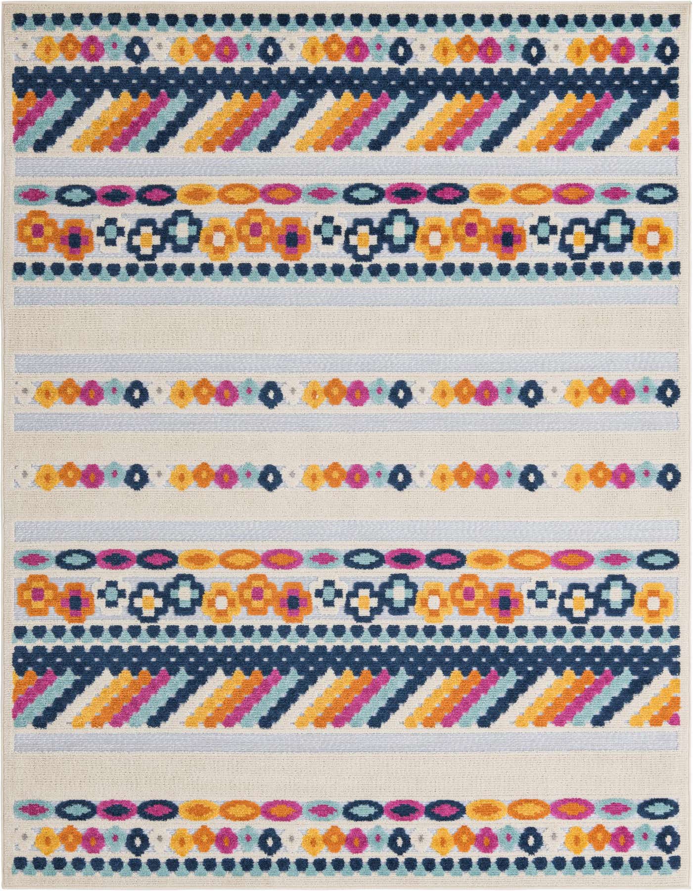 A 6x9 rectangular indoor/outdoor rug with a gray base and colorful bohemian stripes in navy, orange, pink, and teal.