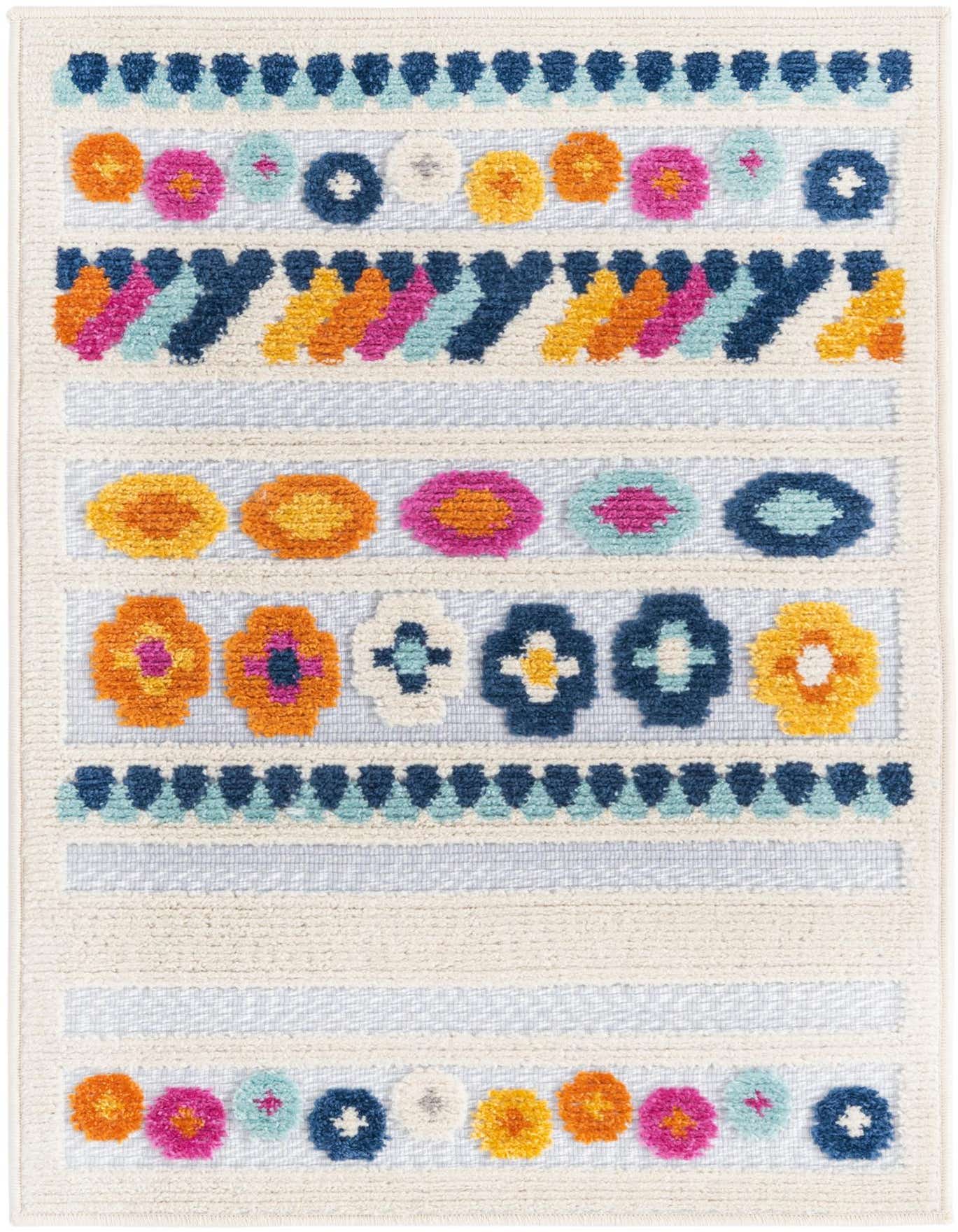 A rectangular 2x3 gray and multicolored Bohemian rug with textured stripes and floral-like patterns, suitable for indoor or outdoor use.