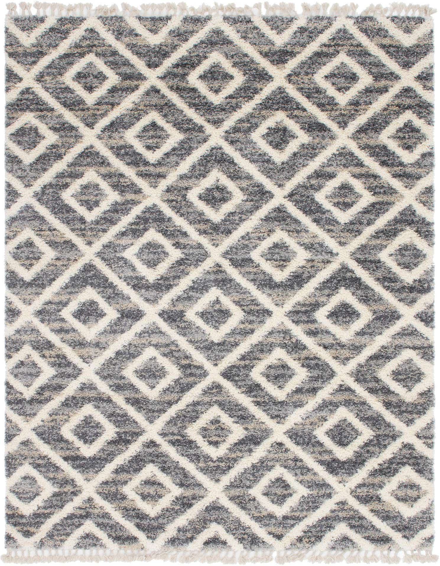 A 9x12 rectangular gray shag rug with a modern geometric diamond pattern and subtle fringe.
