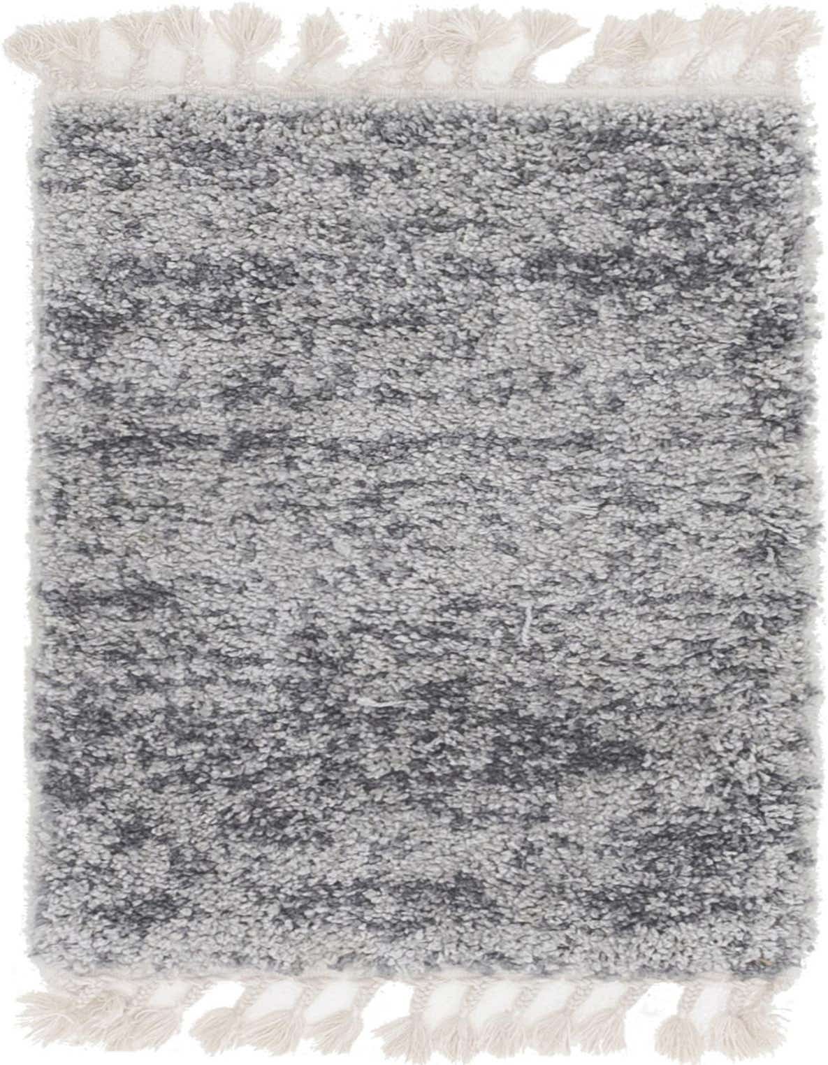 A 2x3 rectangular gray shag rug with a mottled texture and cream tassels on the short ends, suitable for a modern or coastal indoor space.