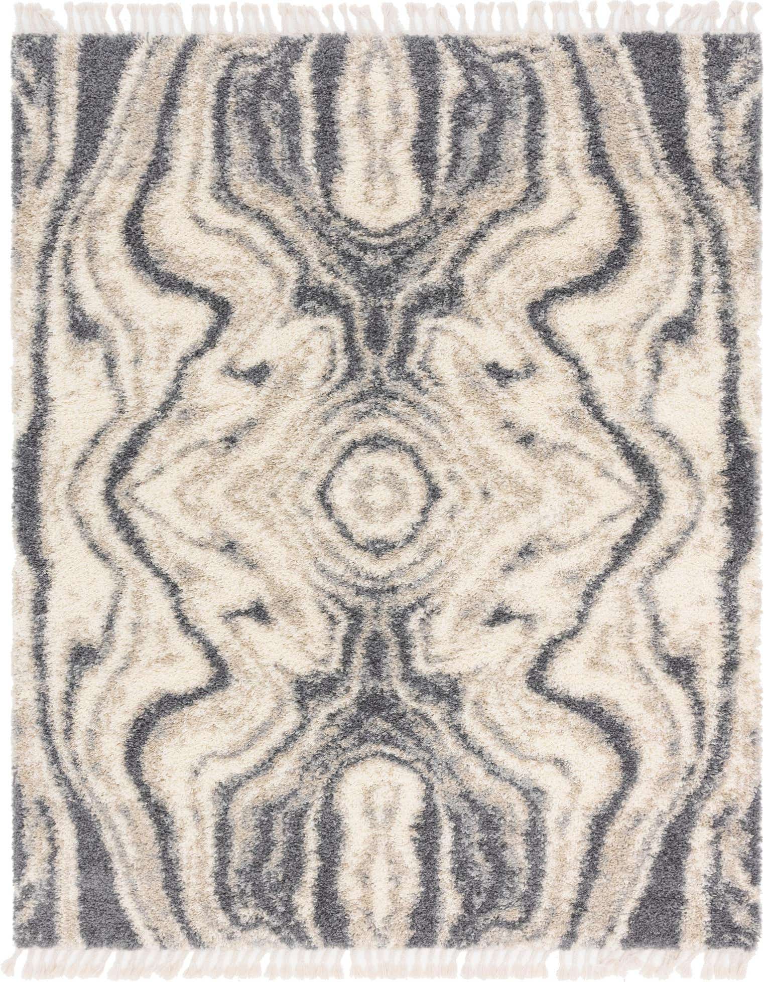An 8x10 rectangular Athena Shag rug featuring a modern gray and silver abstract stripe pattern with white fringes.