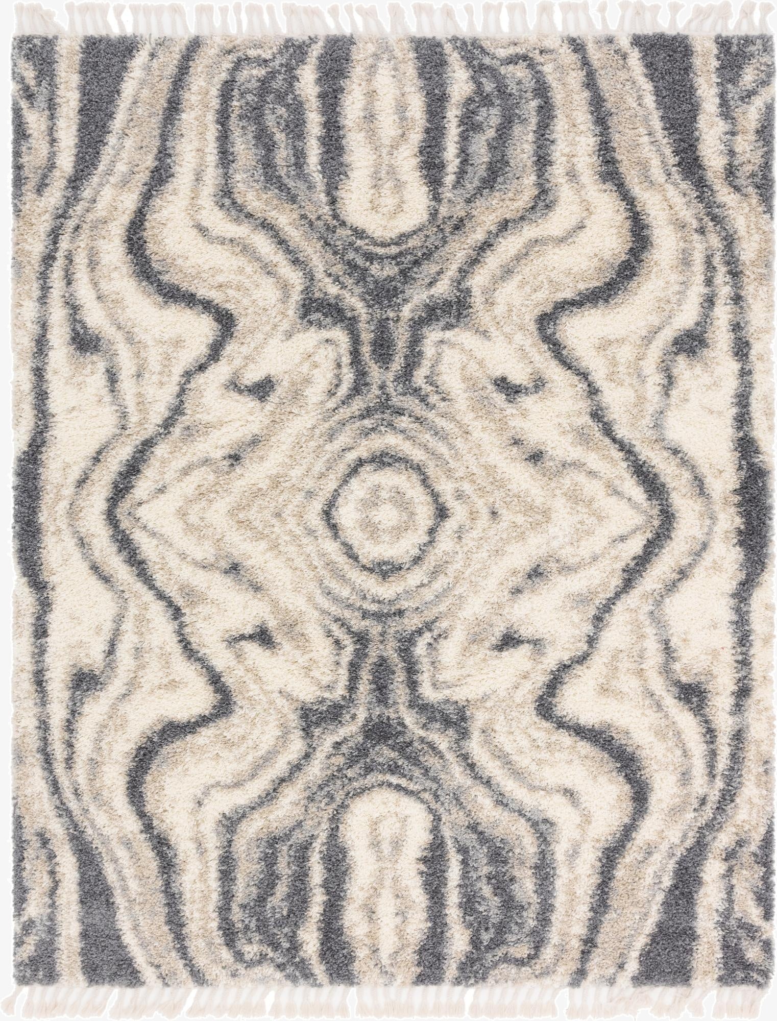 An 8x10 rectangular Athena Shag rug featuring a modern gray and silver abstract stripe pattern with white fringes.