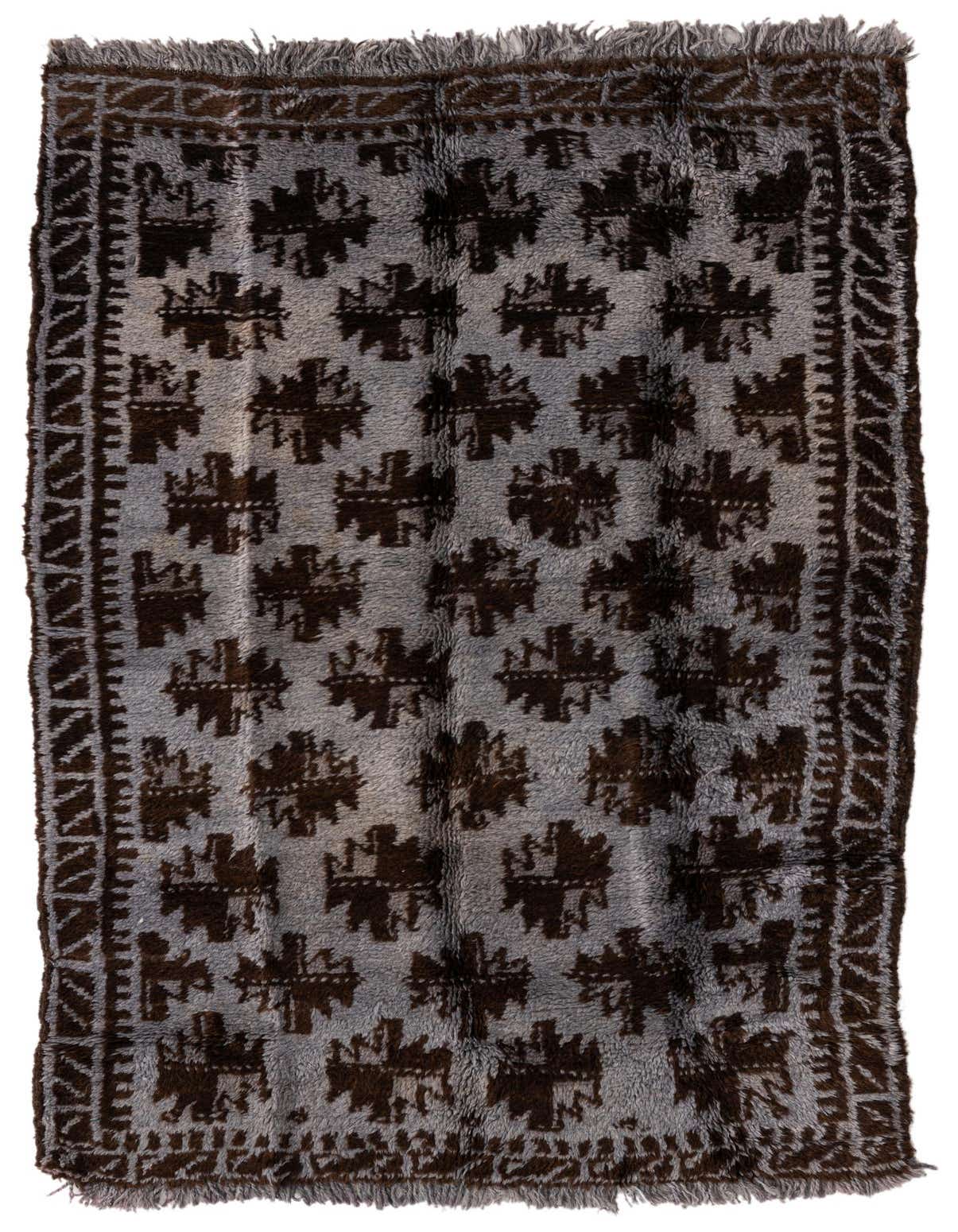 A 3x5 rectangular Balouch rug with a gray background and dark brown tribal patterns, featuring a border and fringe.