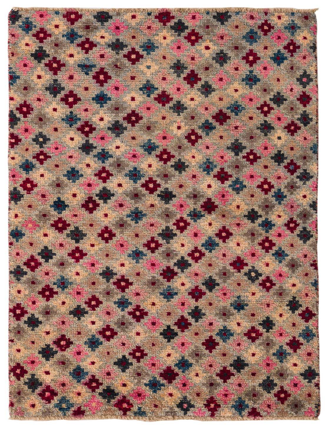 A 3x5 rectangular Balouch wool rug featuring a repeating tribal geometric pattern in gray, pink, blue, and maroon.