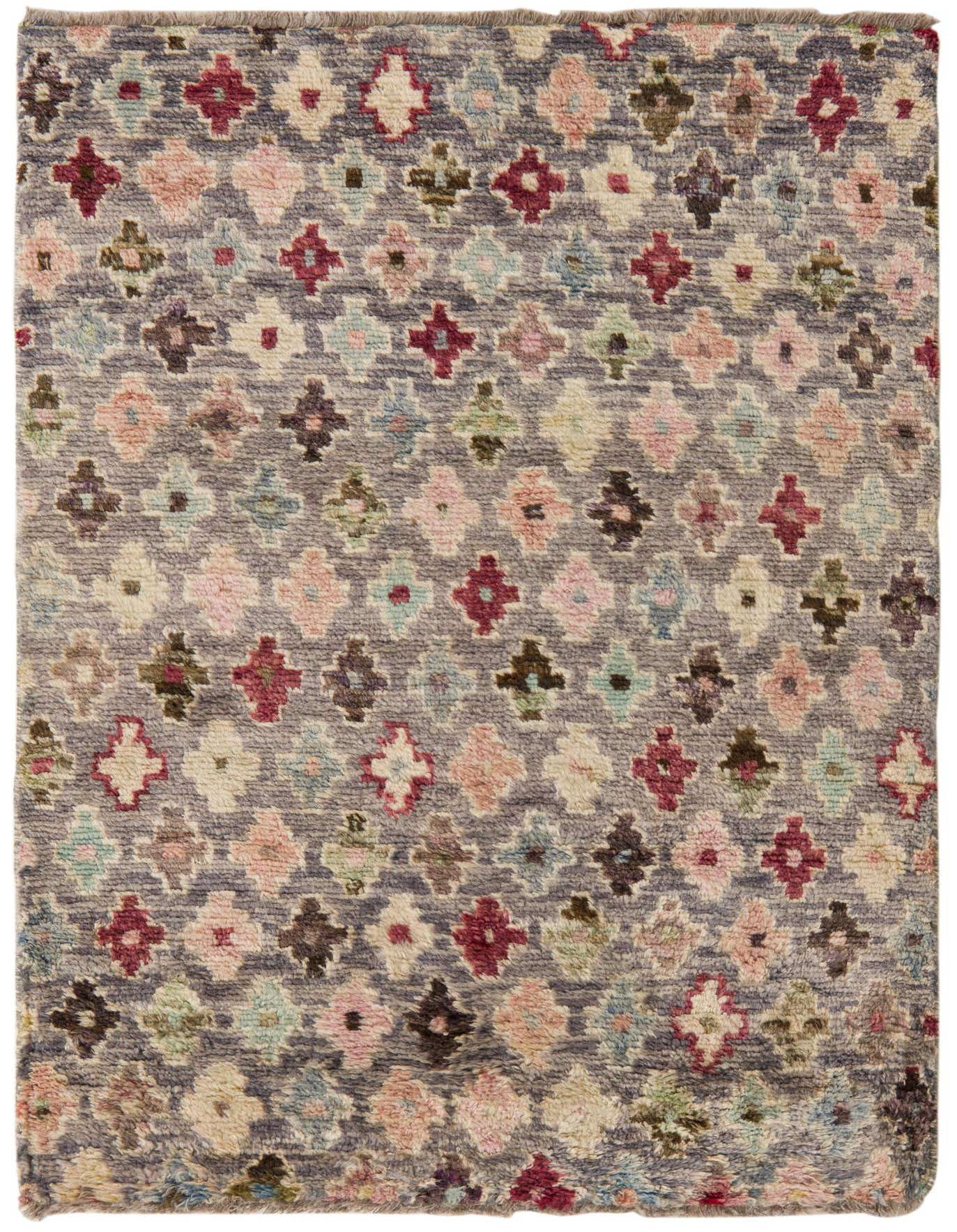 A 3x5 rectangular Balouch rug with a gray background and a repeating pattern of colorful tribal diamond shapes in pink, red, blue, and cream.