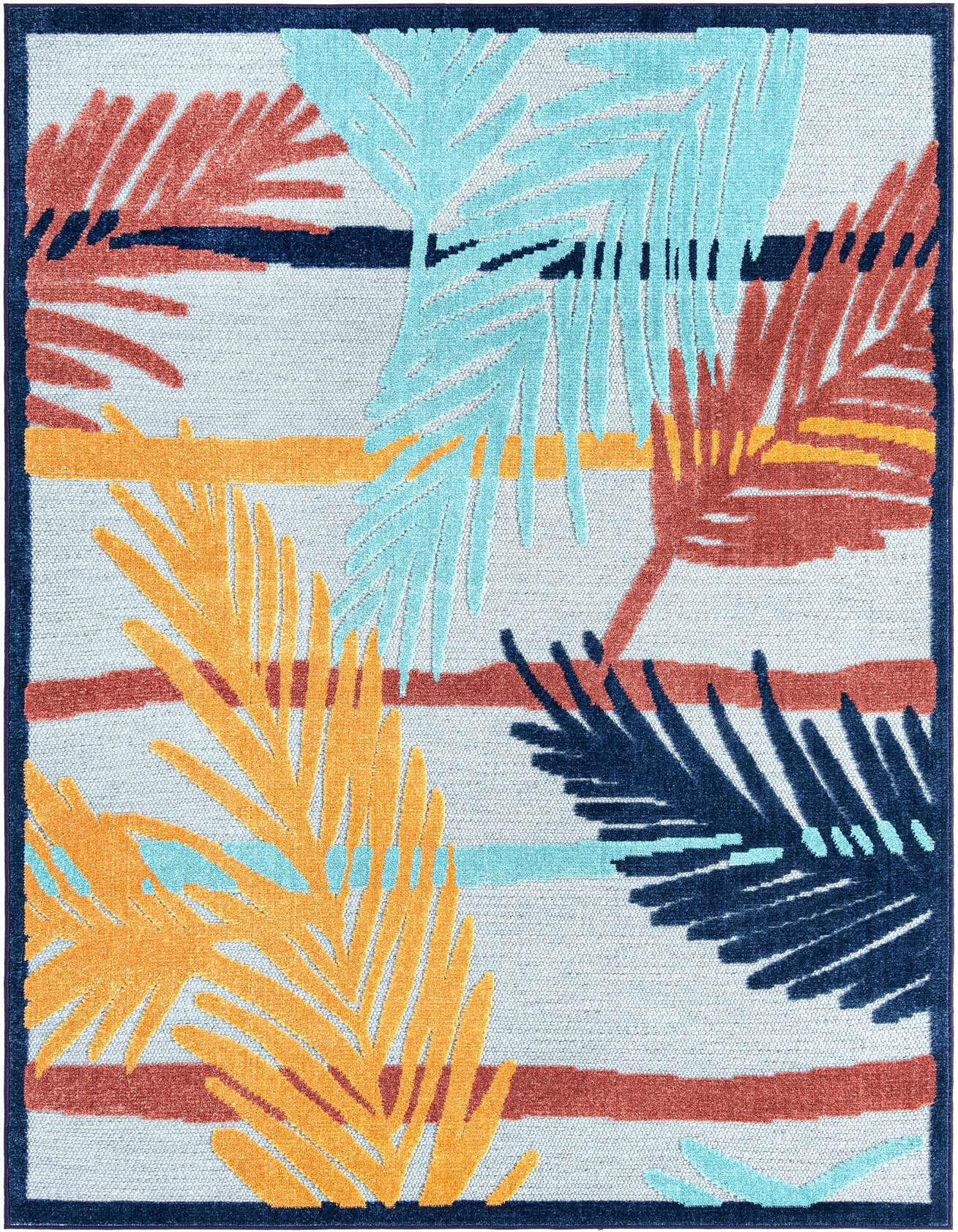 A 5x8 rectangular indoor/outdoor rug with a light gray background featuring large, colorful palm leaves in teal, rust, orange, and navy, with horizontal stripes.