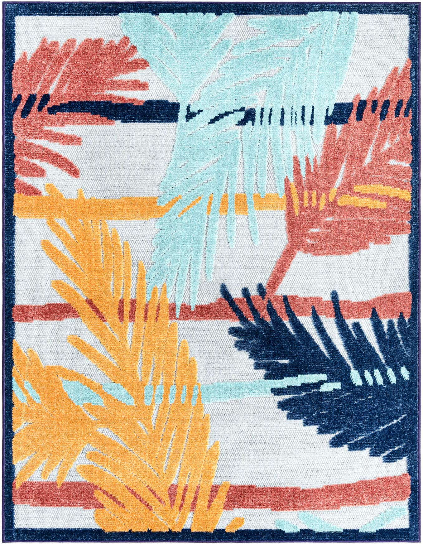 A 4x6 rectangular indoor/outdoor rug with a modern coastal botanical pattern in gray, coral, teal, and navy.