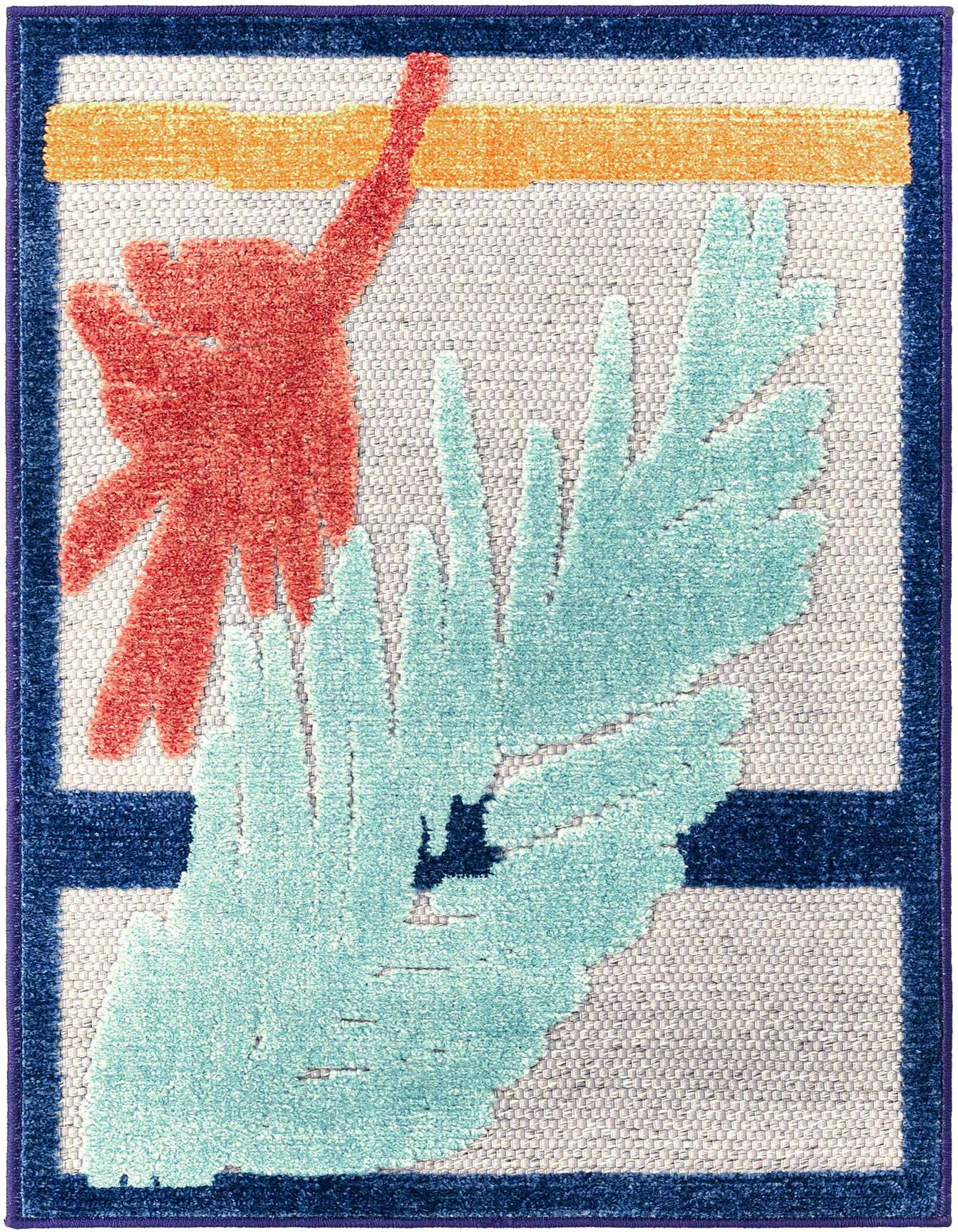 A 2x3 rectangular gray indoor/outdoor rug with a modern coastal design featuring abstract coral and sea plant shapes in red, orange, and teal.