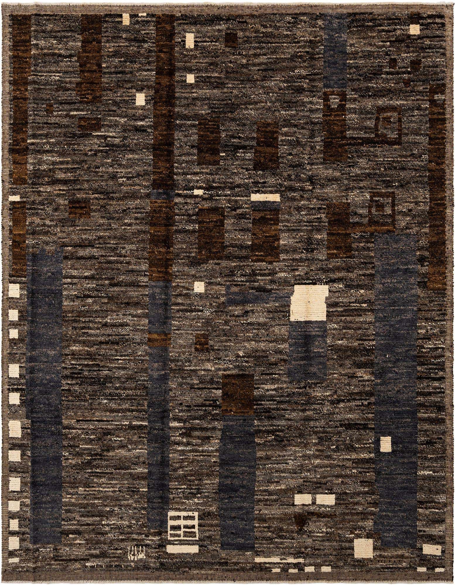 A rectangular Beni Marok rug in shades of gray and silver with abstract rectangular patterns in brown, blue, and cream.
