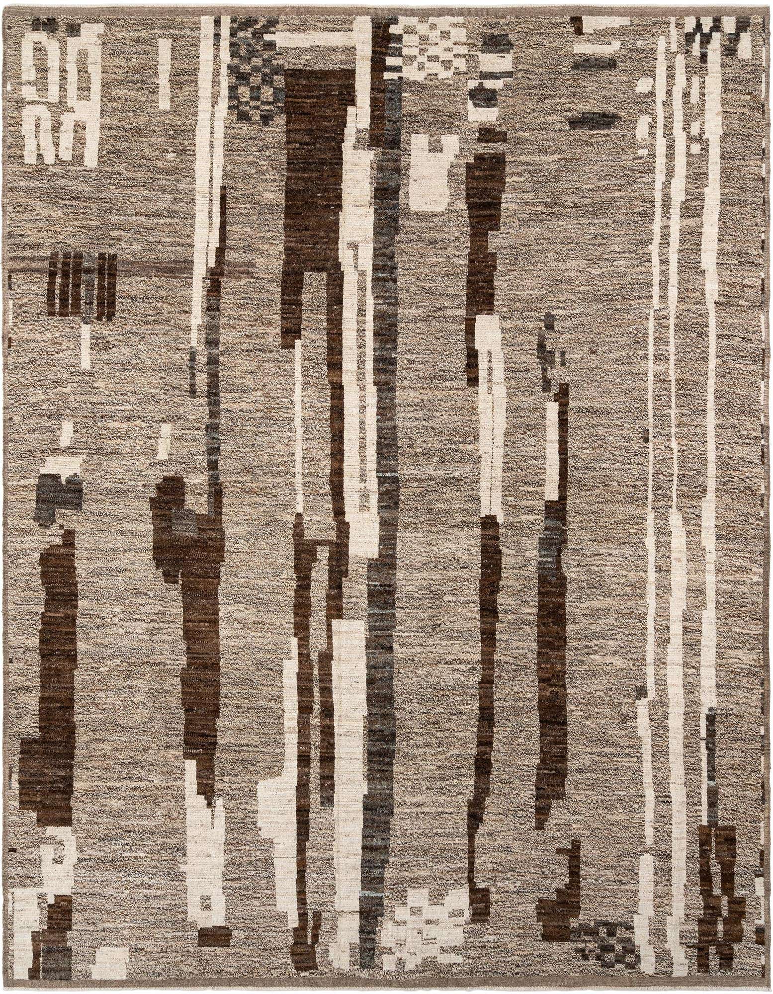Handmade rectangular Beni Marok rug featuring an abstract Persian pattern in shades of gray, silver, and brown.