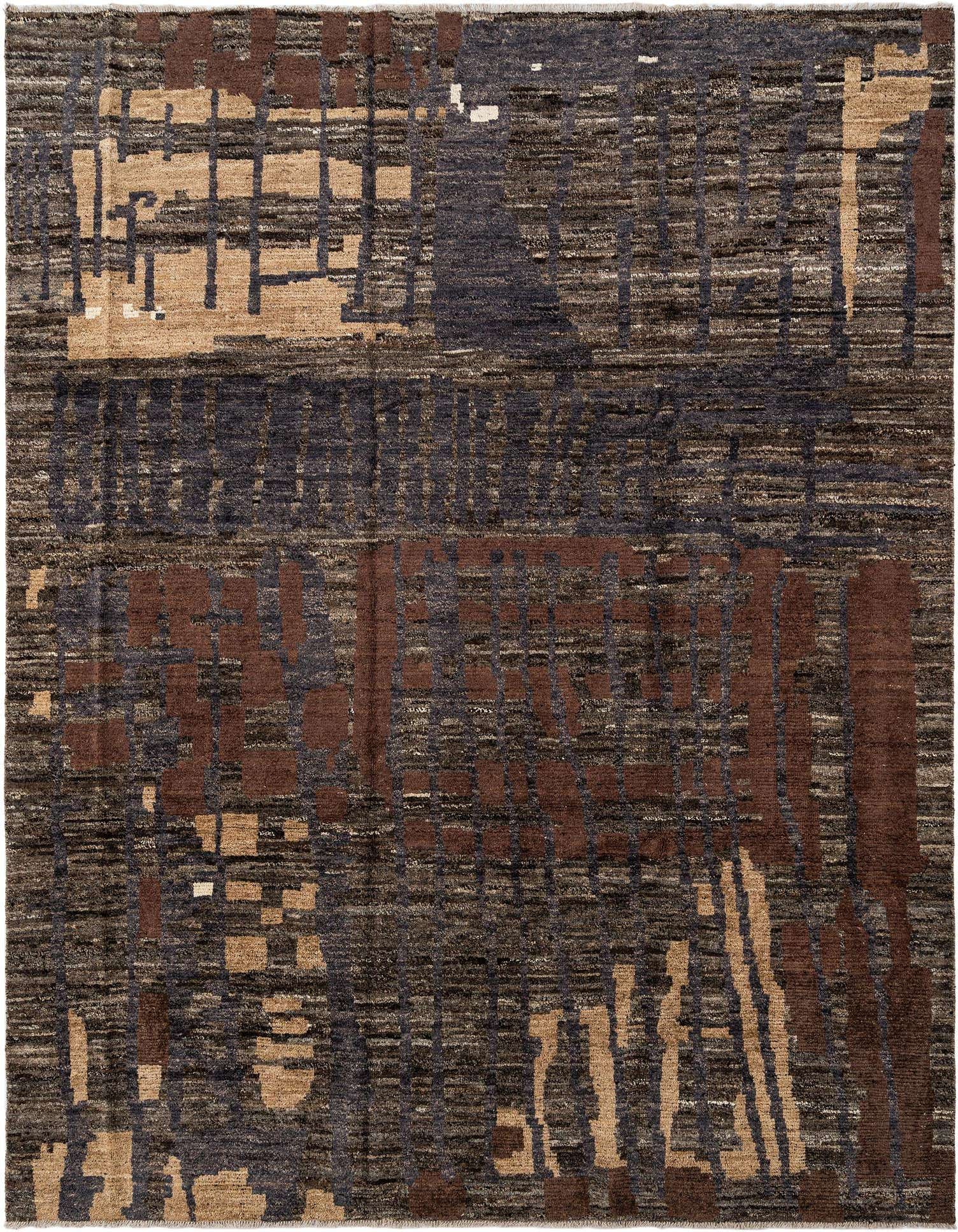 A rectangular Beni Marok Persian rug featuring an abstract pattern in shades of gray, silver, brown, and beige.