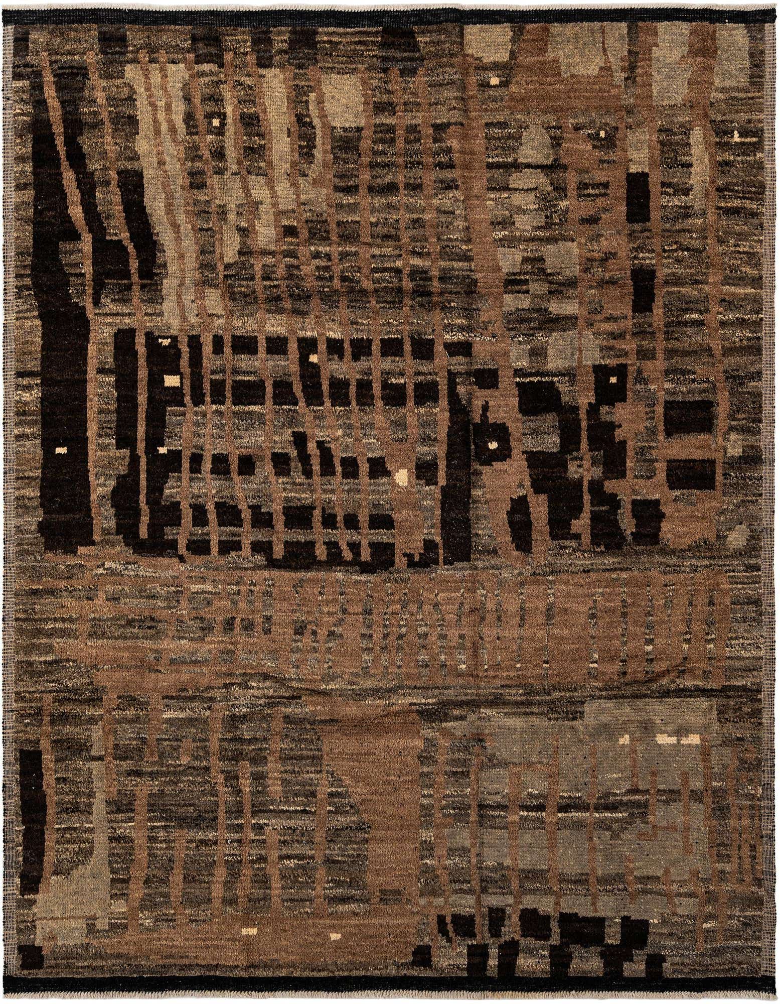 A rectangular Beni Marok Persian rug featuring an abstract pattern in shades of gray, silver, and black, with subtle brown accents.