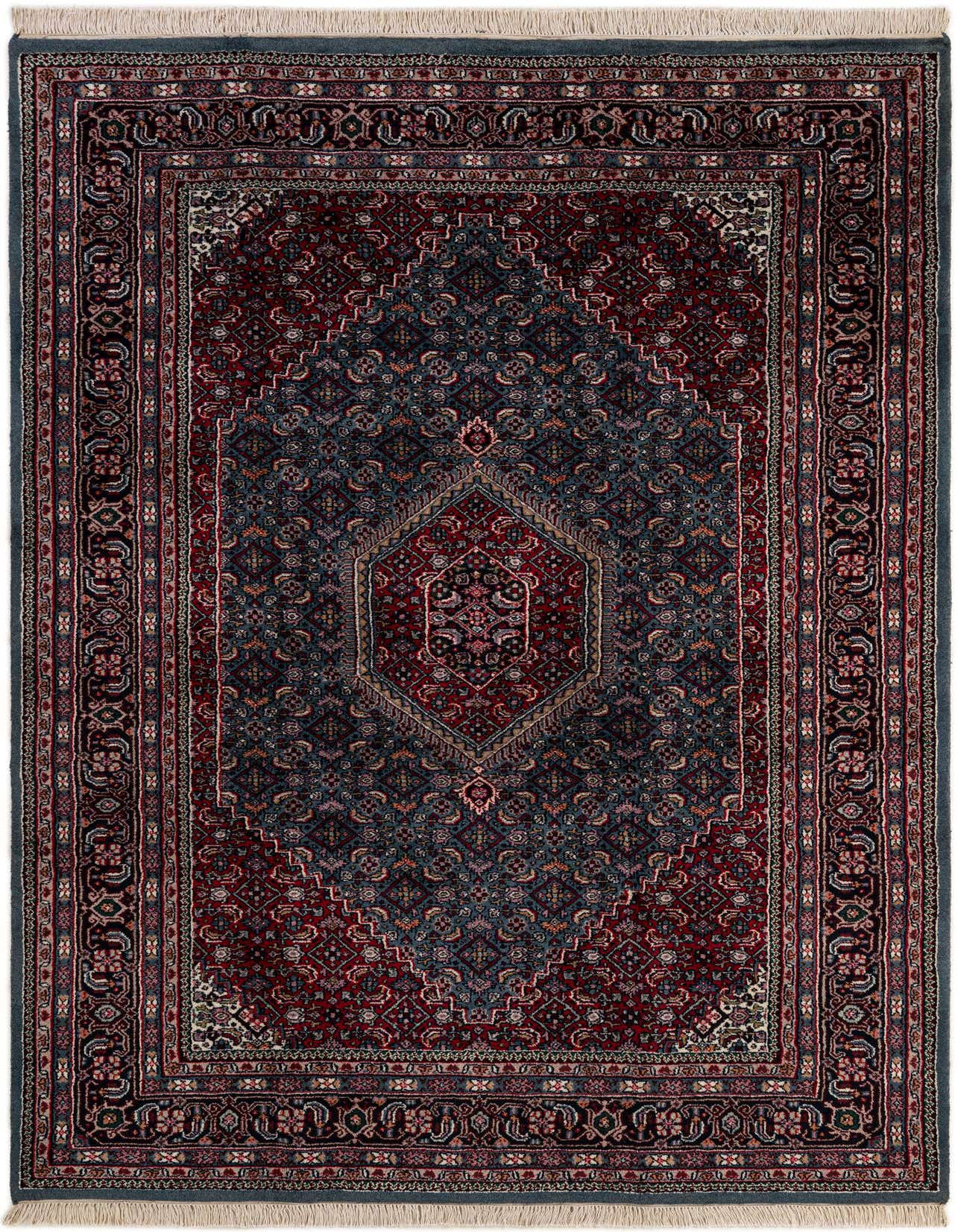 A 6x9 rectangular Bidjar rug featuring a traditional Oriental medallion pattern in deep grays, silvers, and reds.