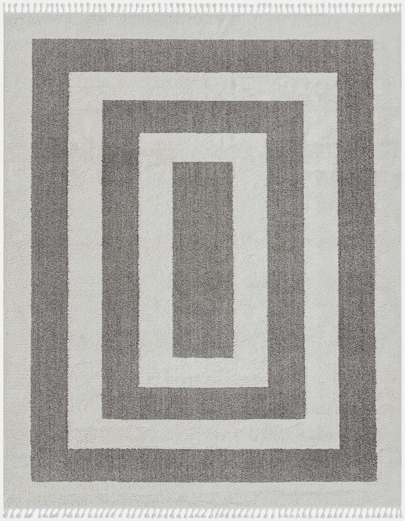 A 10x14 rectangular gray modern rug with a bold, concentric striped pattern and fringed edges.