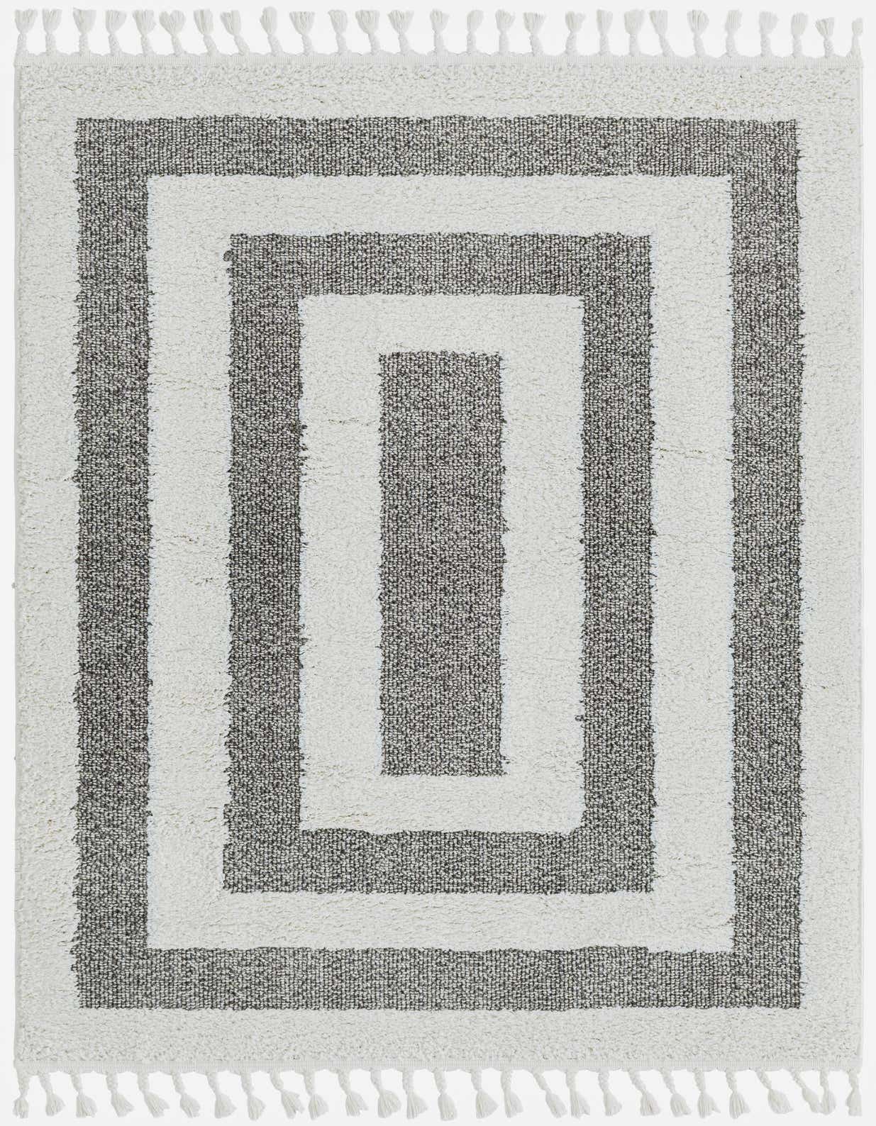 A 4x6 rectangular gray and white modern striped rug with tassels, suitable for a living room.
