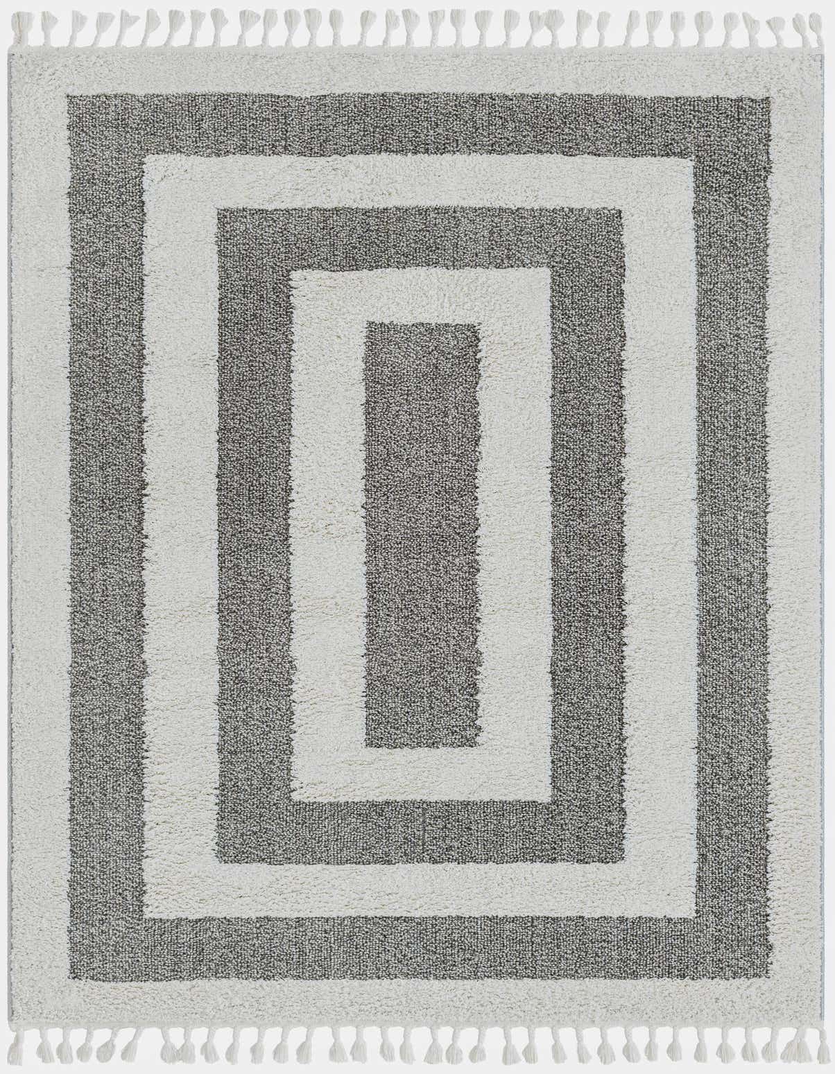 A 5x8 rectangular gray and white modern striped rug with tassels, suitable for a living room or office.