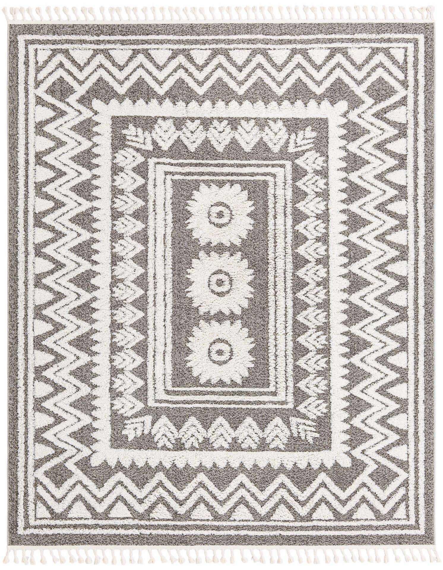 An 8x10 rectangular gray and white Boho rug with a Southwestern tribal pattern, featuring a central medallion design and zigzag borders, suitable for a living room.