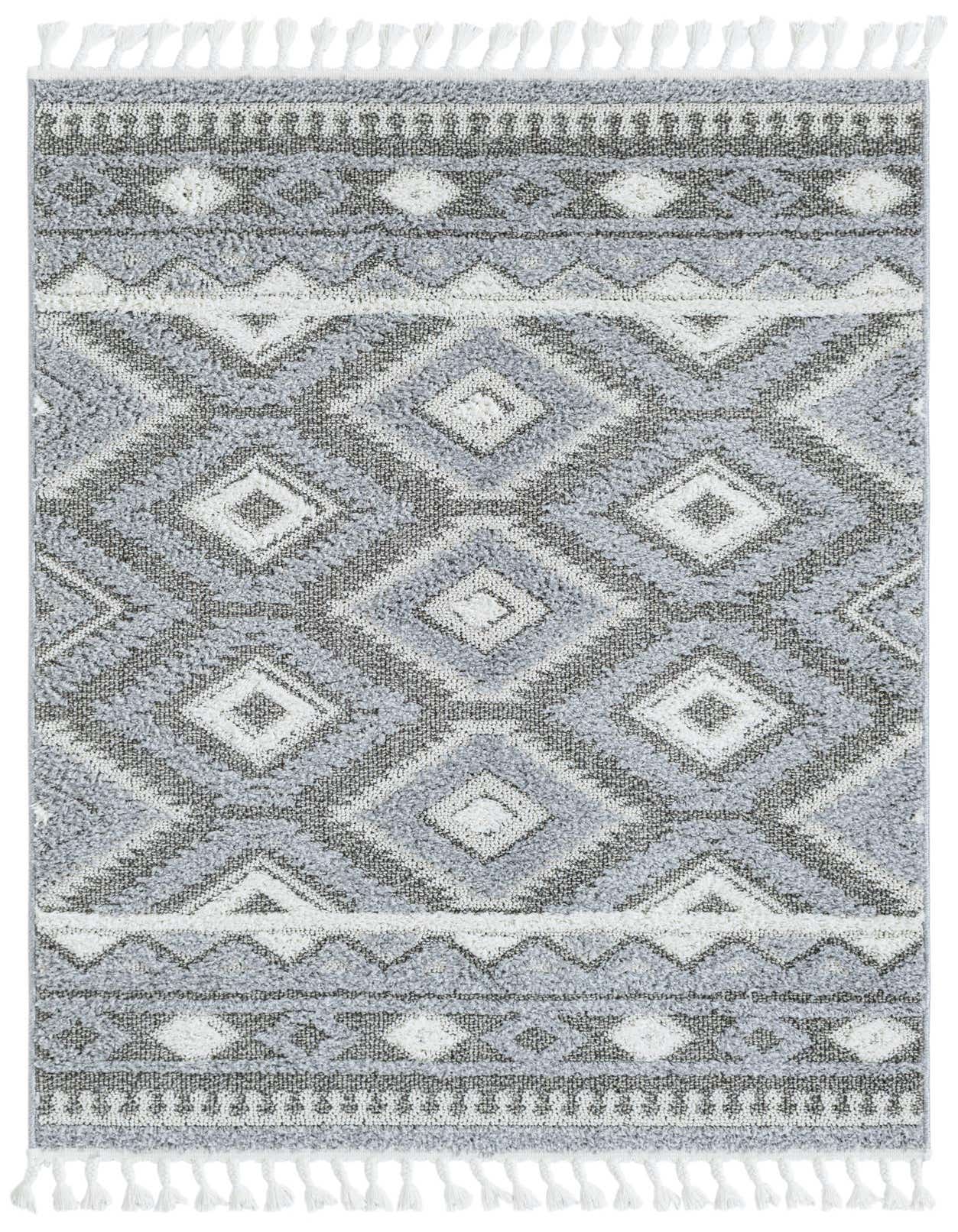 A 4x6 rectangular gray and silver Southwestern Bohemian rug with a tribal diamond pattern and white tassels.