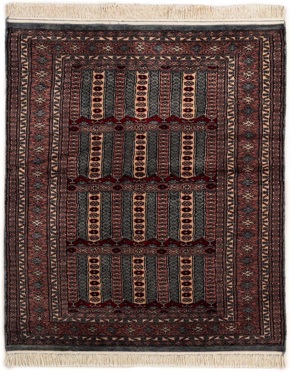 A 4x6 rectangular Bokhara rug with a tribal oriental pattern in grays, silvers, and reds, featuring a detailed border and fringe.