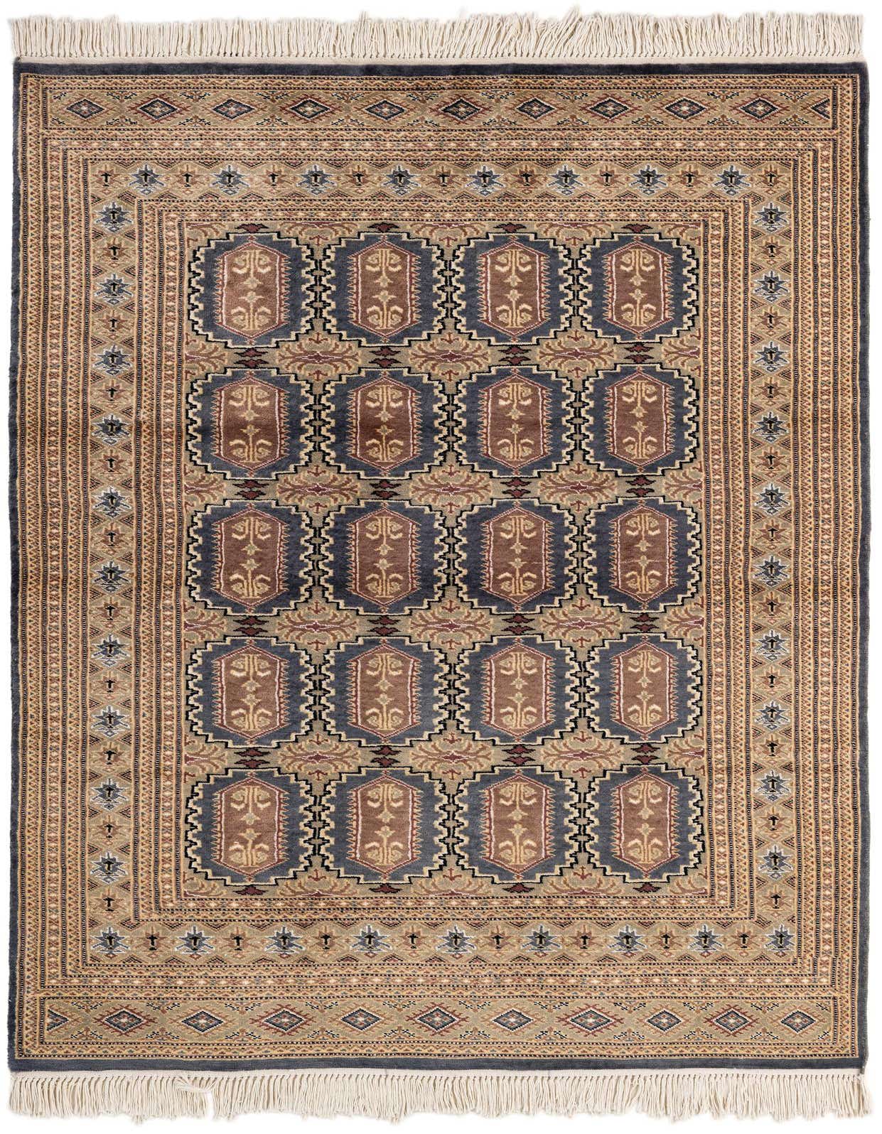A 4x6 rectangular Bokhara rug with a tribal pattern in grays, silvers, and browns, featuring a central medallion-like design and fringed ends.