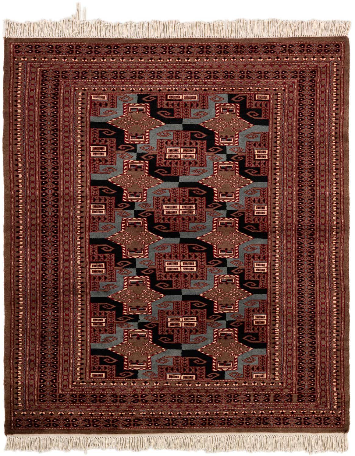 A 4x6 rectangular Bokhara wool rug featuring a traditional tribal pattern in grays, silvers, and deep reds, with a detailed border and fringe.