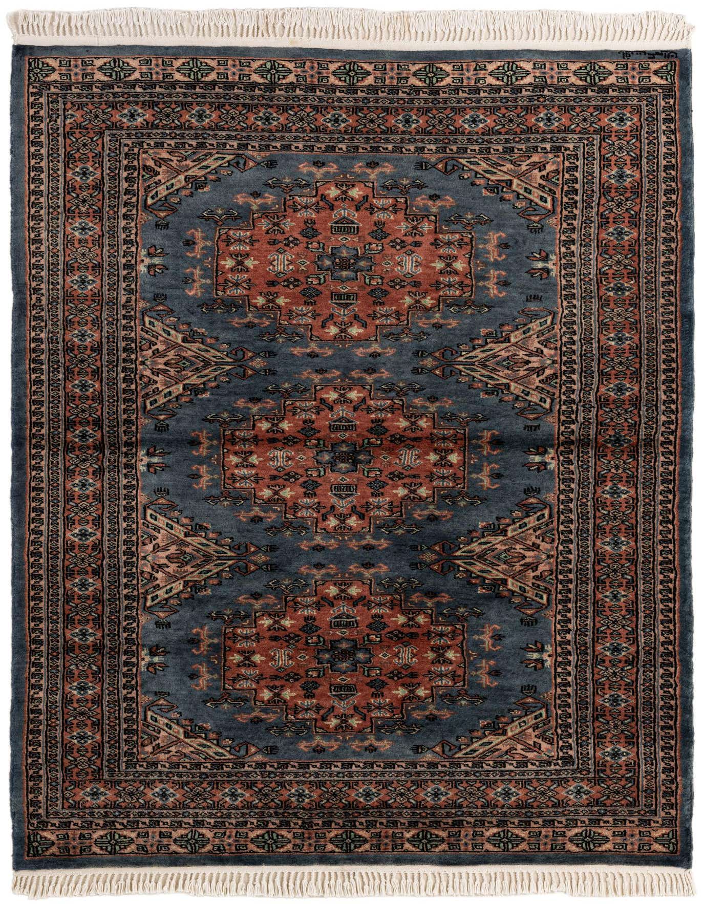 A 4x6 rectangular Bokhara rug with a gray background, featuring a traditional tribal medallion pattern in rust and black, with white fringe.