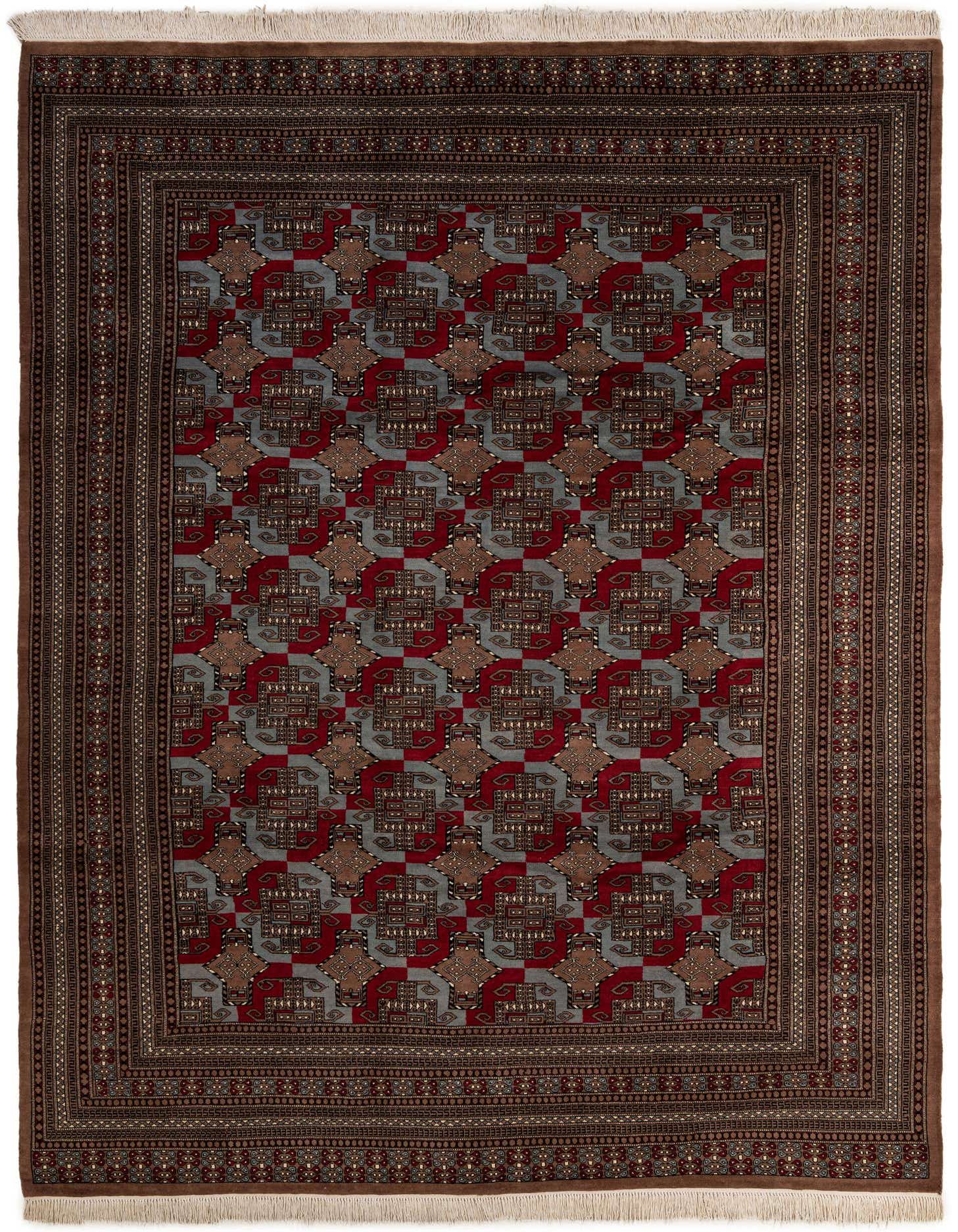 A rectangular 8x11 Bokhara wool rug featuring a traditional tribal pattern in shades of gray, silver, red, and brown, with a thin pile.