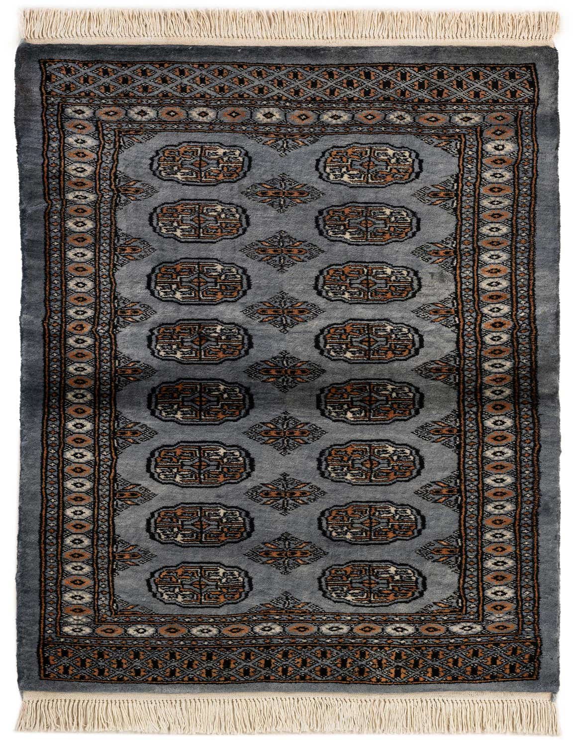 A 3x5 rectangular Bokhara rug in shades of gray and silver, featuring a tribal oriental pattern with intricate medallions and a fringed edge, suitable for an entryway.