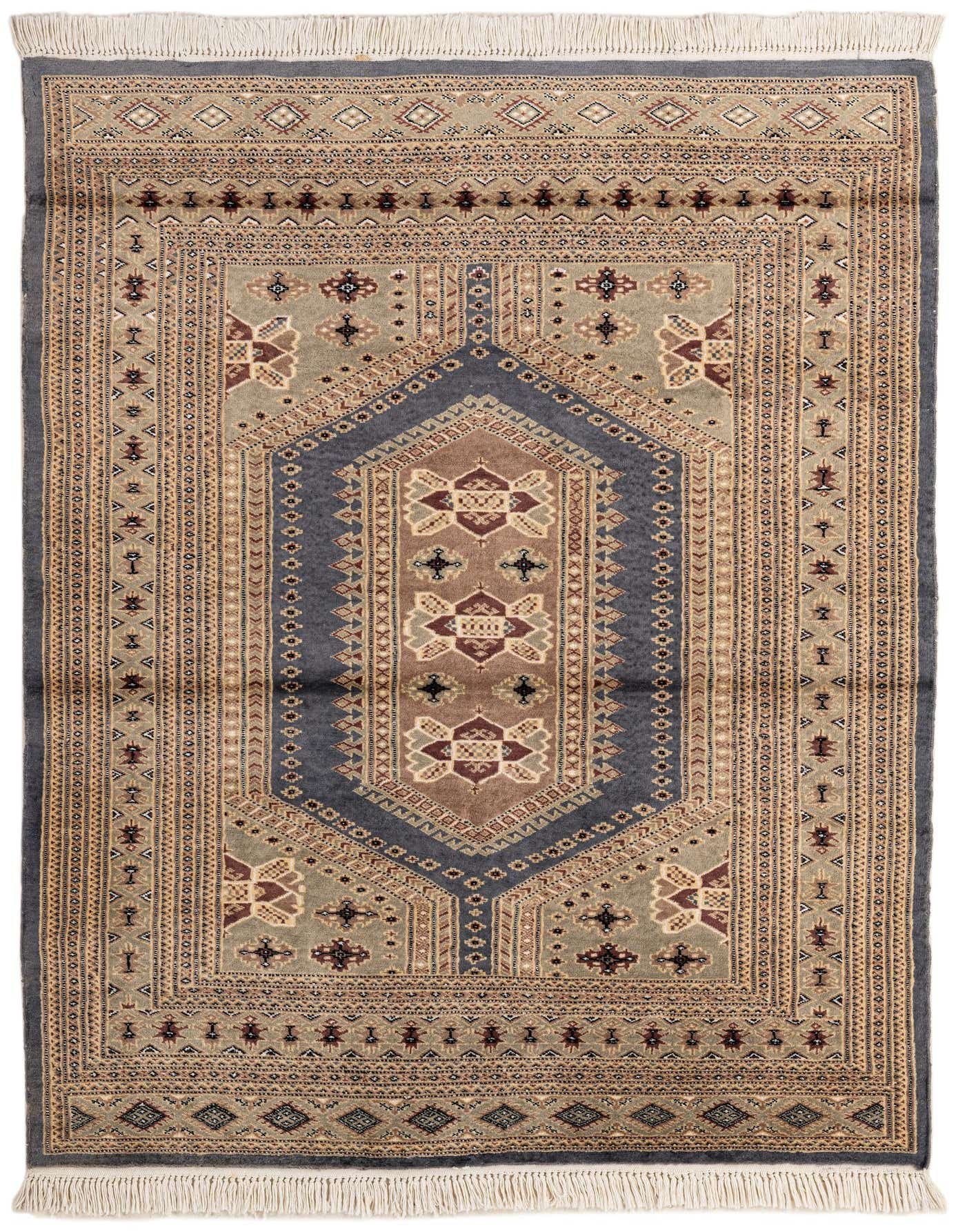 A 4x6 rectangular Bokhara rug featuring a traditional tribal pattern in shades of gray, silver, and beige with intricate details.