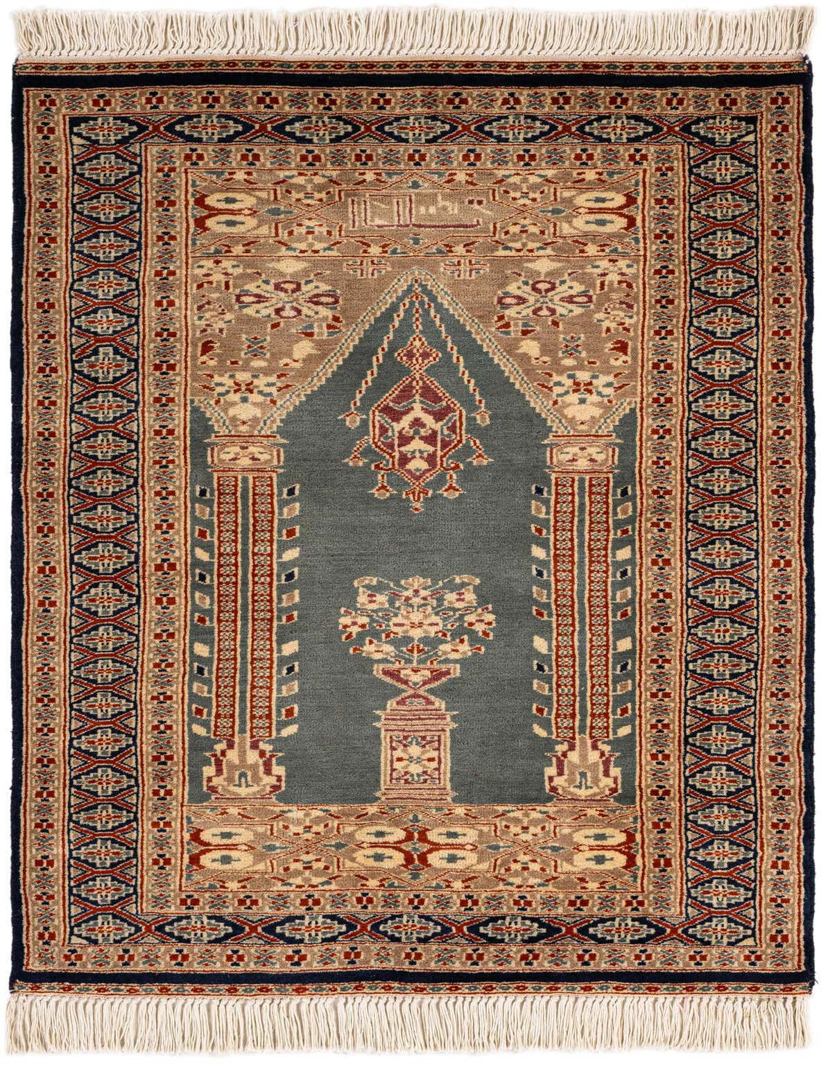 A 3x4 rectangular gray wool rug with a traditional tribal medallion pattern and decorative borders, featuring white fringe.