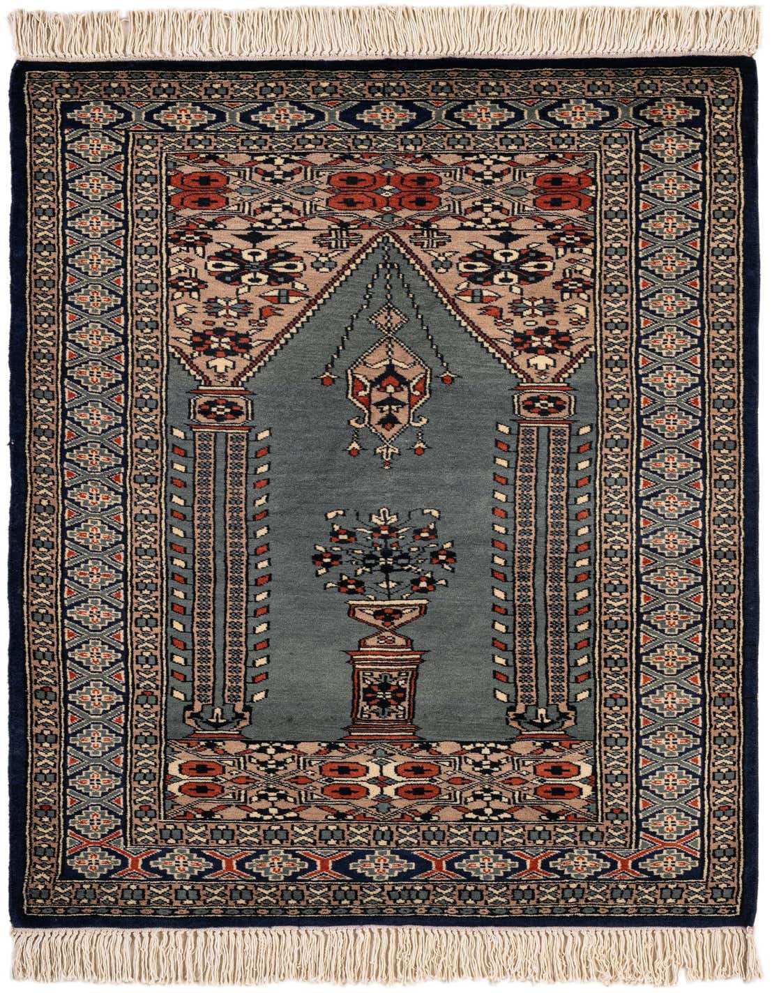A 3x4 rectangular gray wool rug with a traditional tribal medallion pattern and intricate borders.