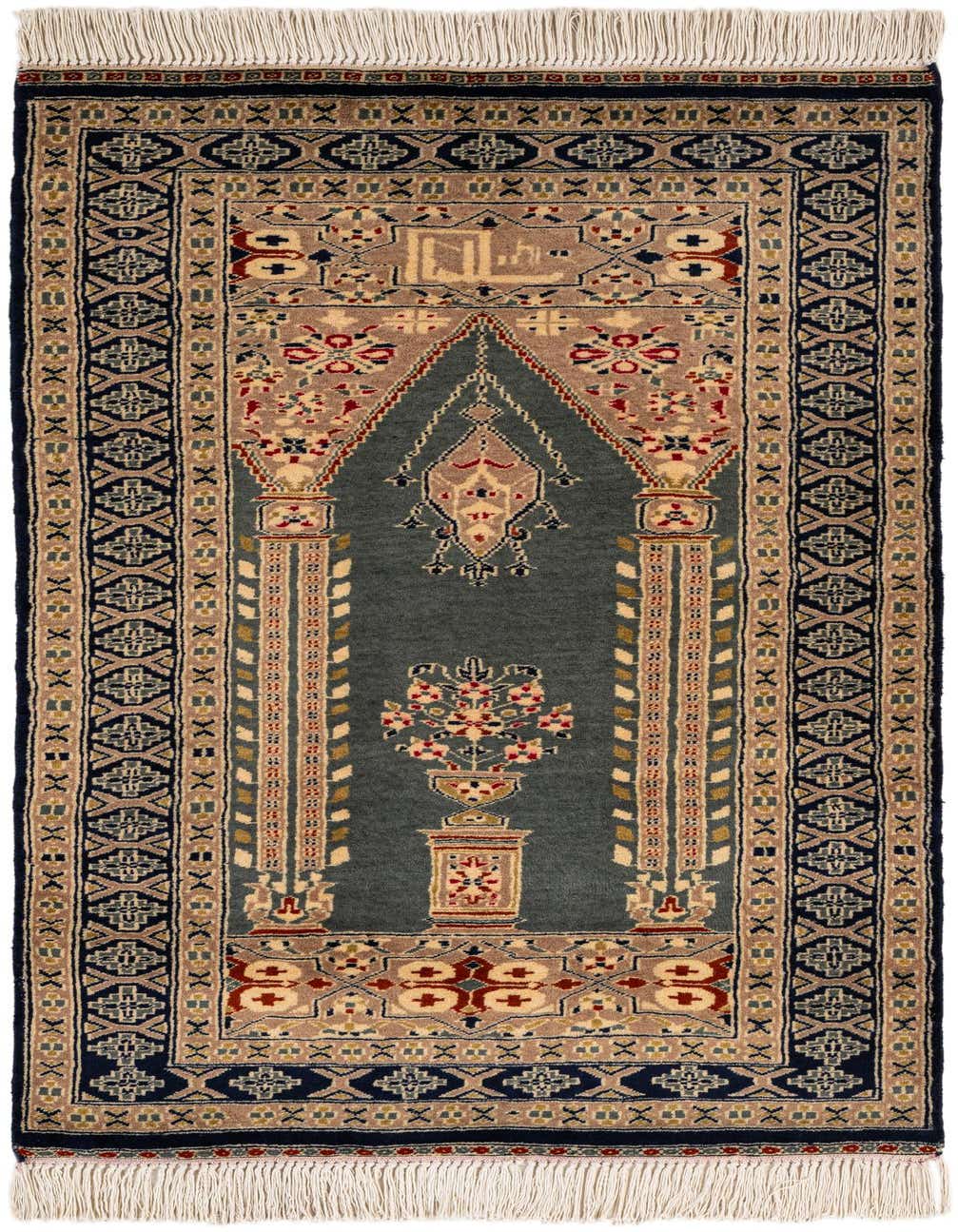 A 3x5 rectangular gray wool rug with a traditional tribal pattern featuring an arched mihrab design and floral motifs.