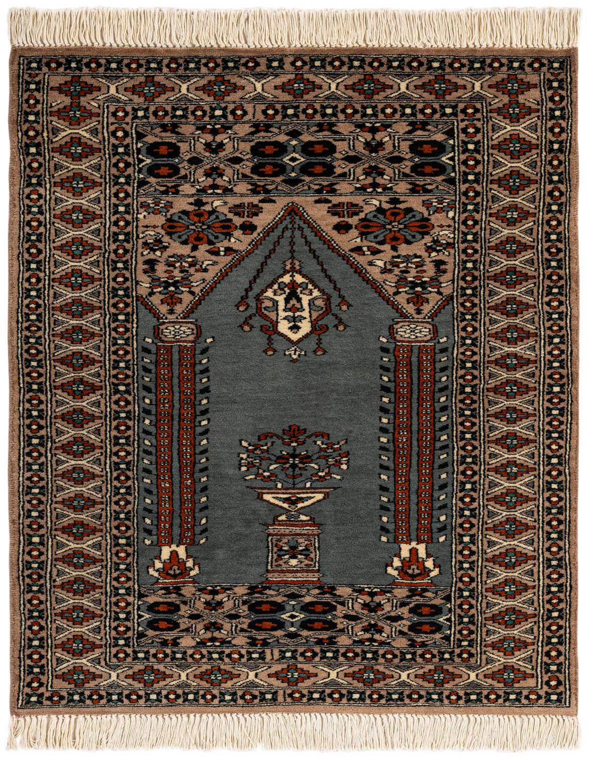 A 3x4 rectangular Bokhara rug featuring a traditional Oriental design in shades of gray, silver, and earthy tones with intricate tribal patterns and fringed ends.