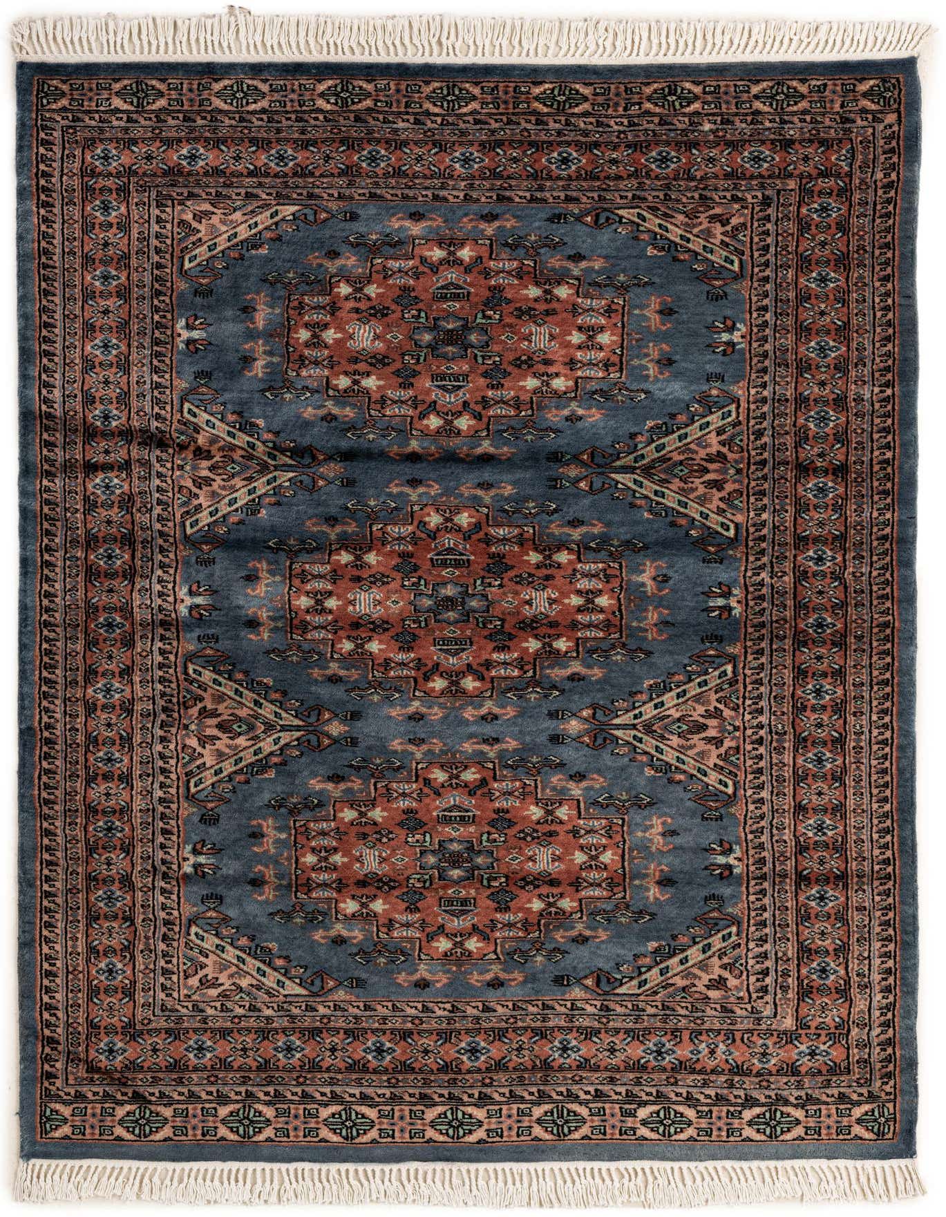 A 4x6 rectangular Bokhara rug in shades of gray and terracotta with intricate tribal and medallion patterns, featuring white fringe.