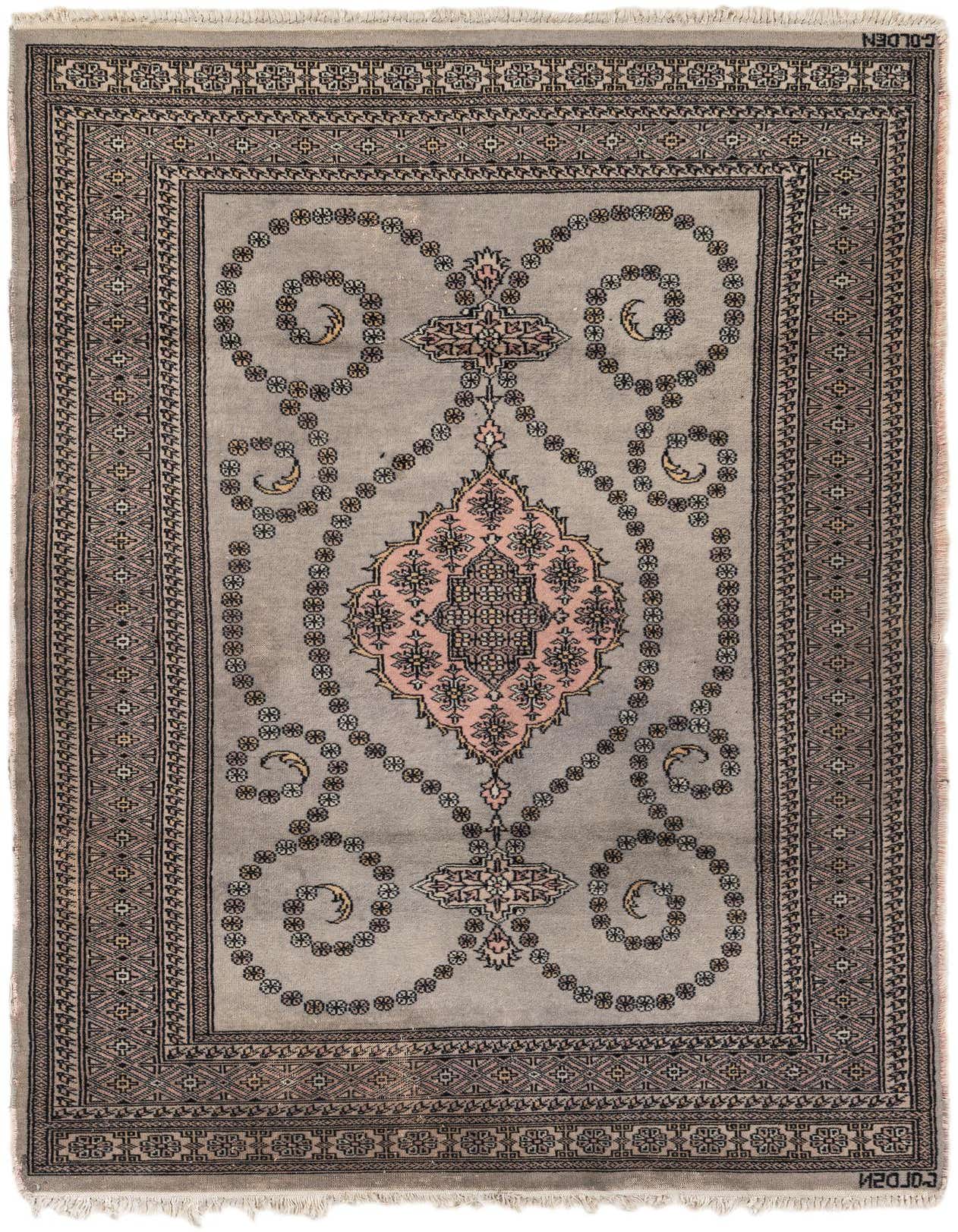 A 4x6 rectangular Bokhara wool rug in gray with a central pink medallion and intricate tribal patterns.