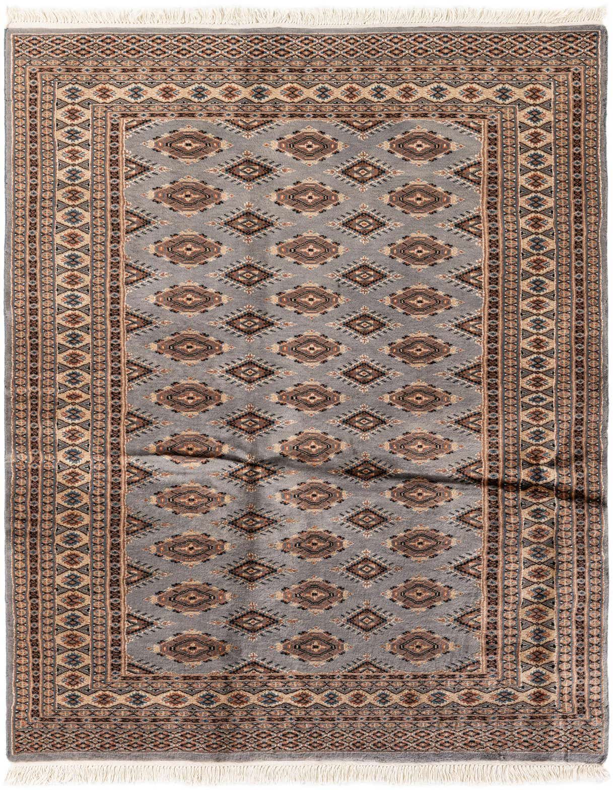 A 5x7 rectangular gray Bokhara wool rug with a traditional tribal pattern and fringed ends, suitable for indoor use.