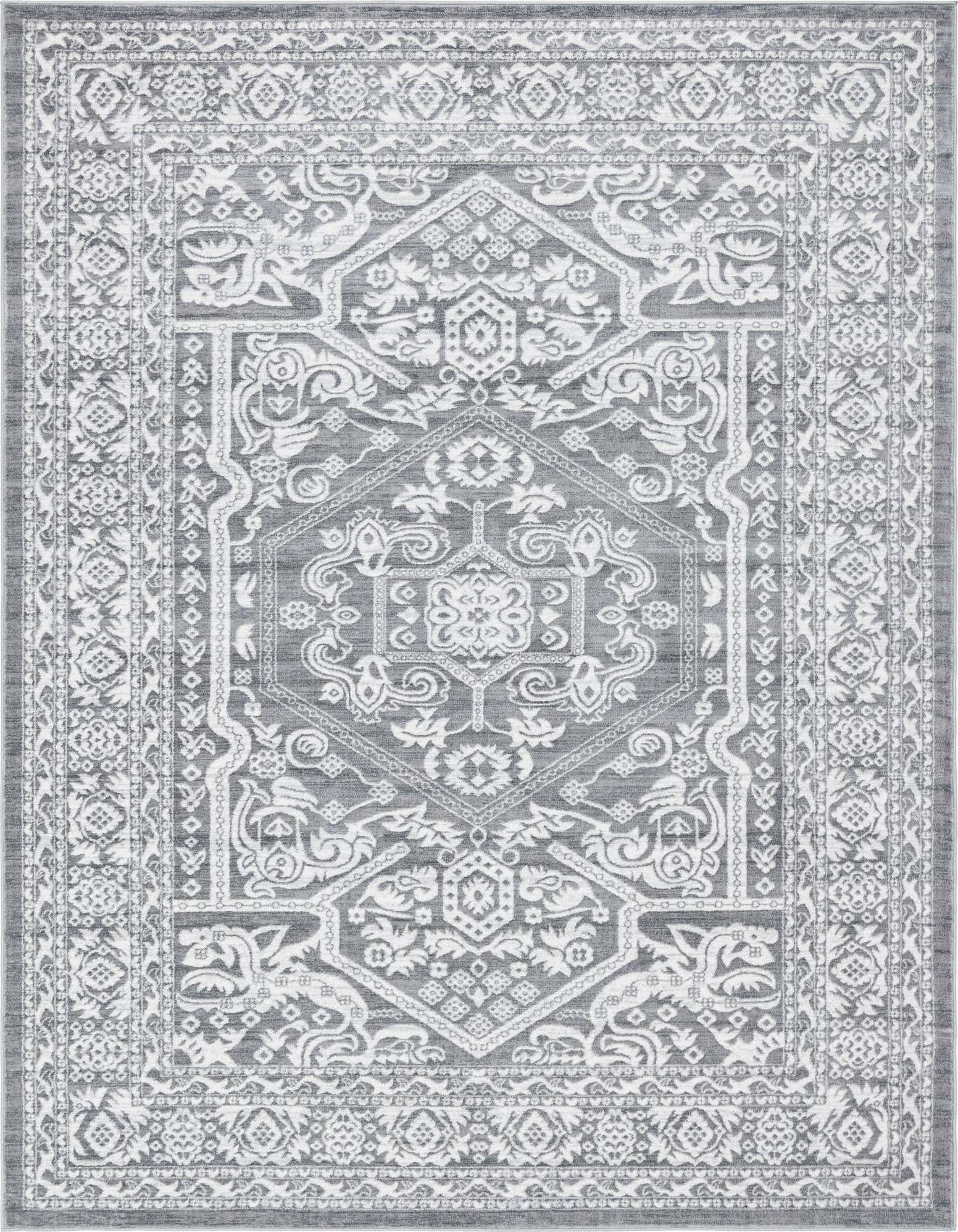 A 9x12 rectangular gray area rug with a white traditional medallion and ornate border pattern, ideal for a living room.