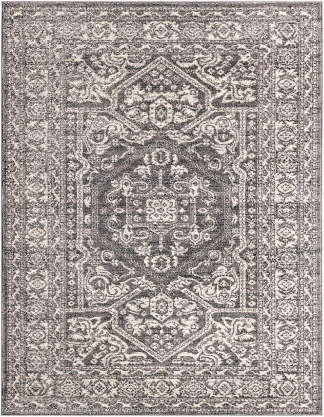 A 5x8 rectangular gray area rug featuring a distressed traditional medallion pattern with intricate borders, suitable for a living room.