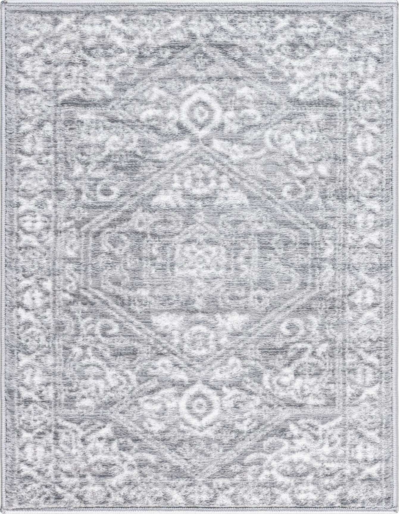A 2x3 rectangular gray and silver traditional medallion rug with a textured pile, suitable for any indoor space.
