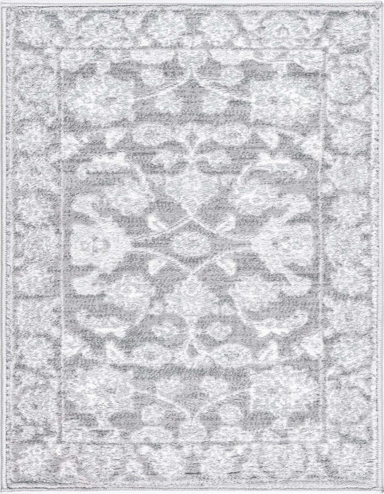 A 2x3 rectangular gray and silver rug with a traditional botanical pattern and textured pile.