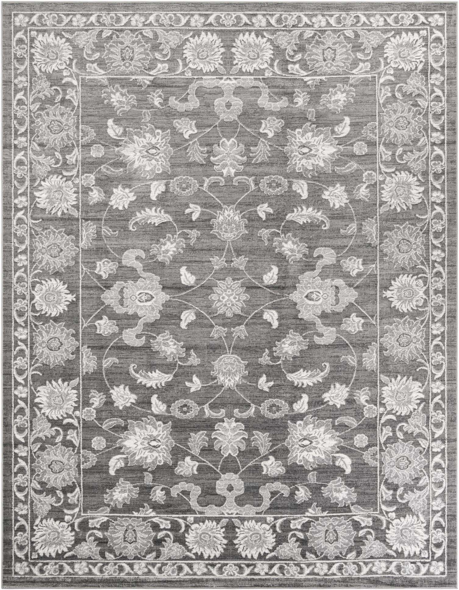 A 10x13 rectangular gray modern floral area rug with a textured pile and lighter gray botanical patterns.